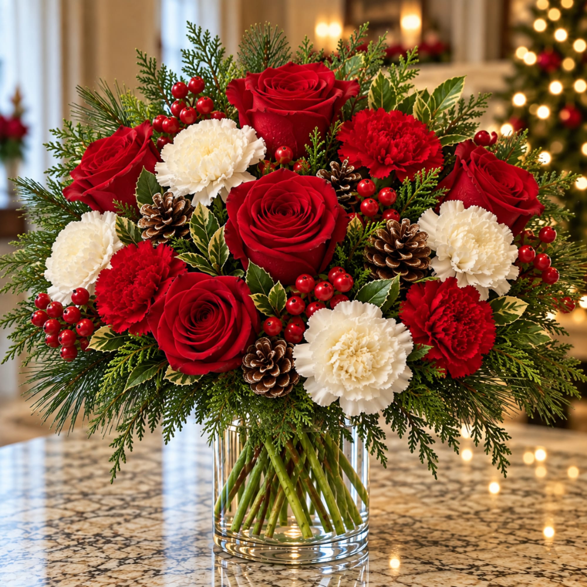 Red roses and white carnations in a glass vase with pinecones and berries