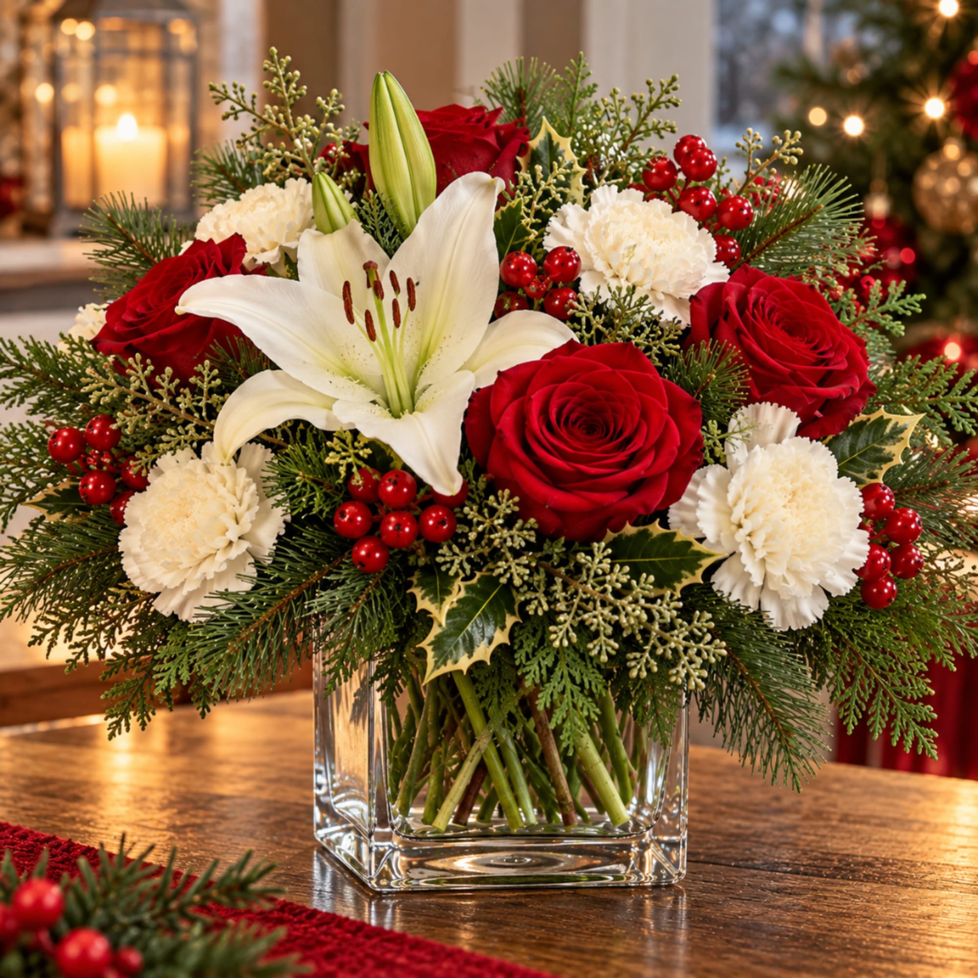 Red roses and white lilies in a clear glass vase with holiday greenery