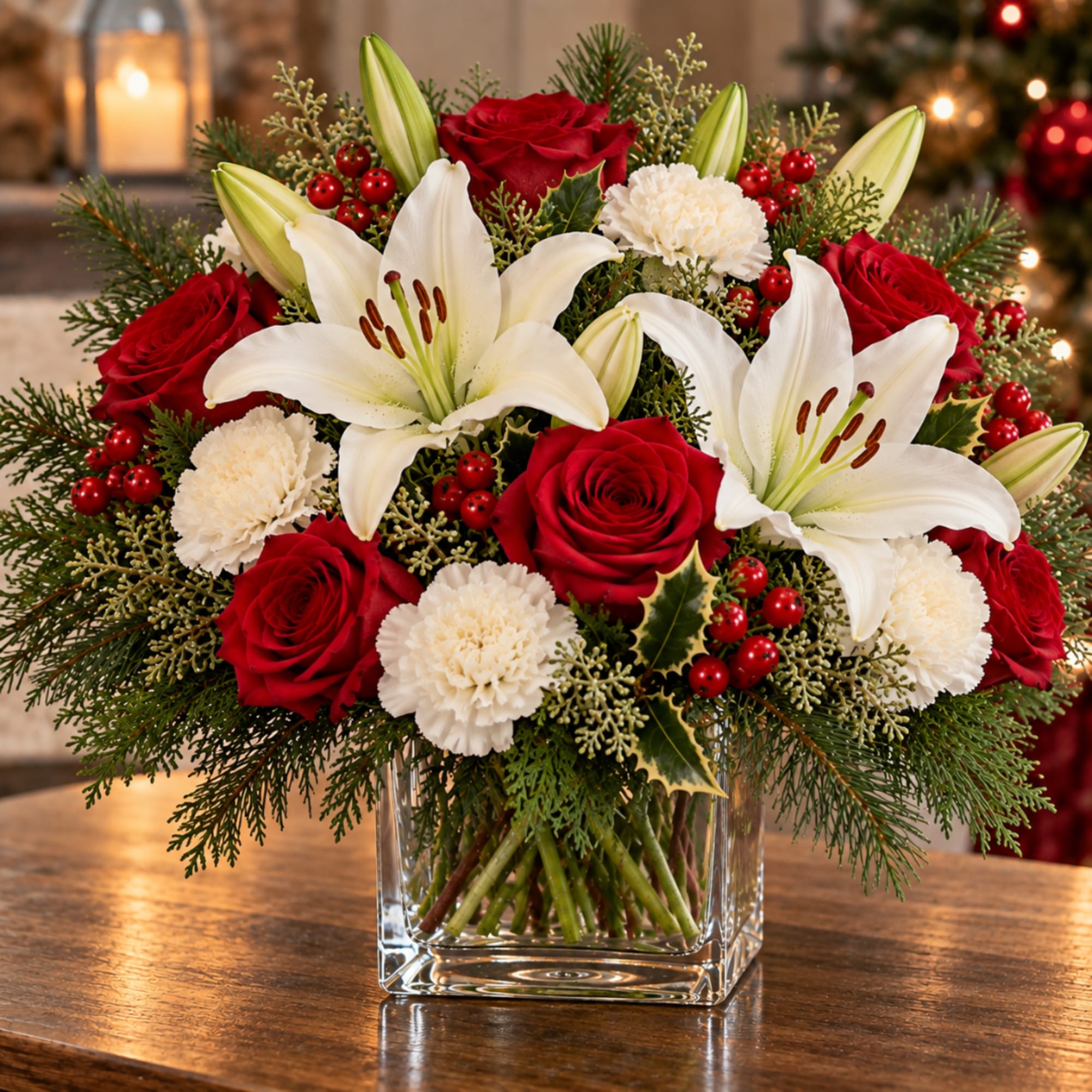 Red roses and white lilies arranged in a clear glass vase