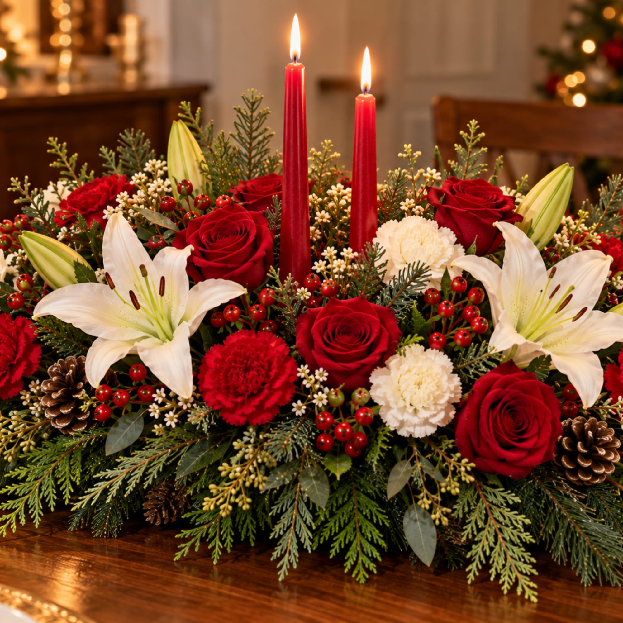 Holiday centerpiece with red roses, white lilies, and two red candles