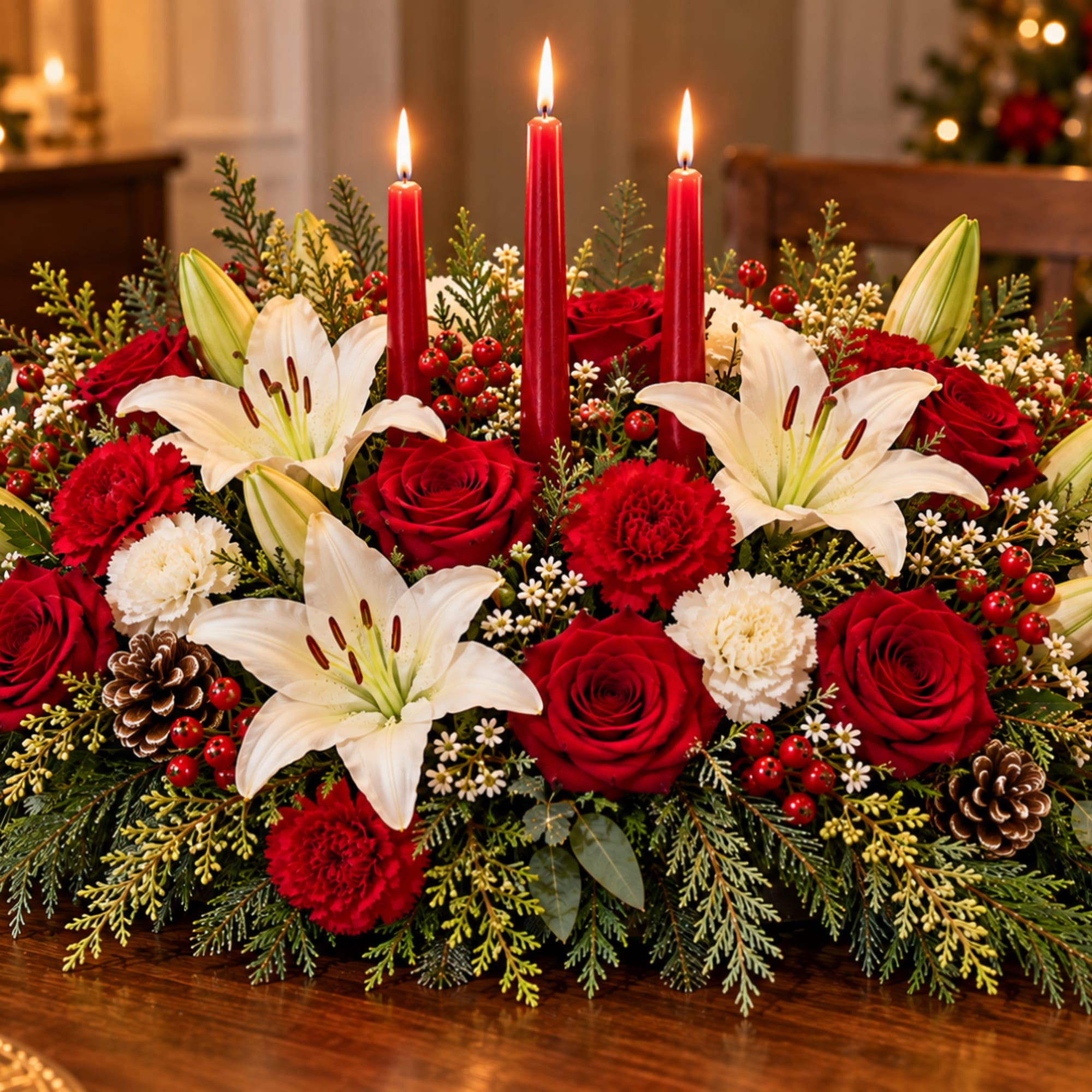Red roses and white lilies arranged with lit red candles in a low centerpiece