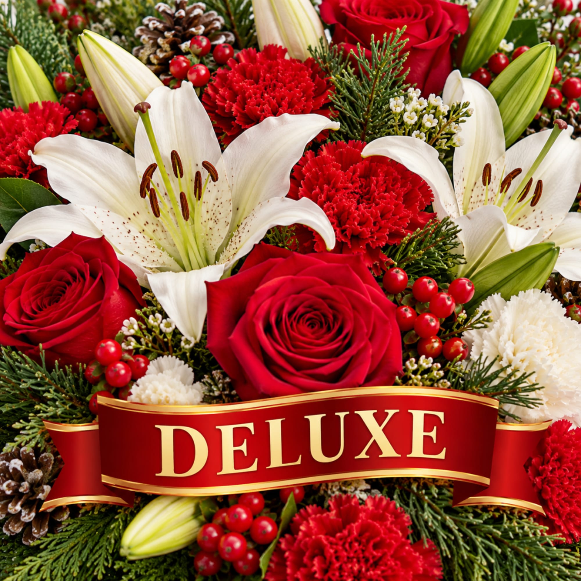 Red roses and white lilies with carnations in a holiday arrangement