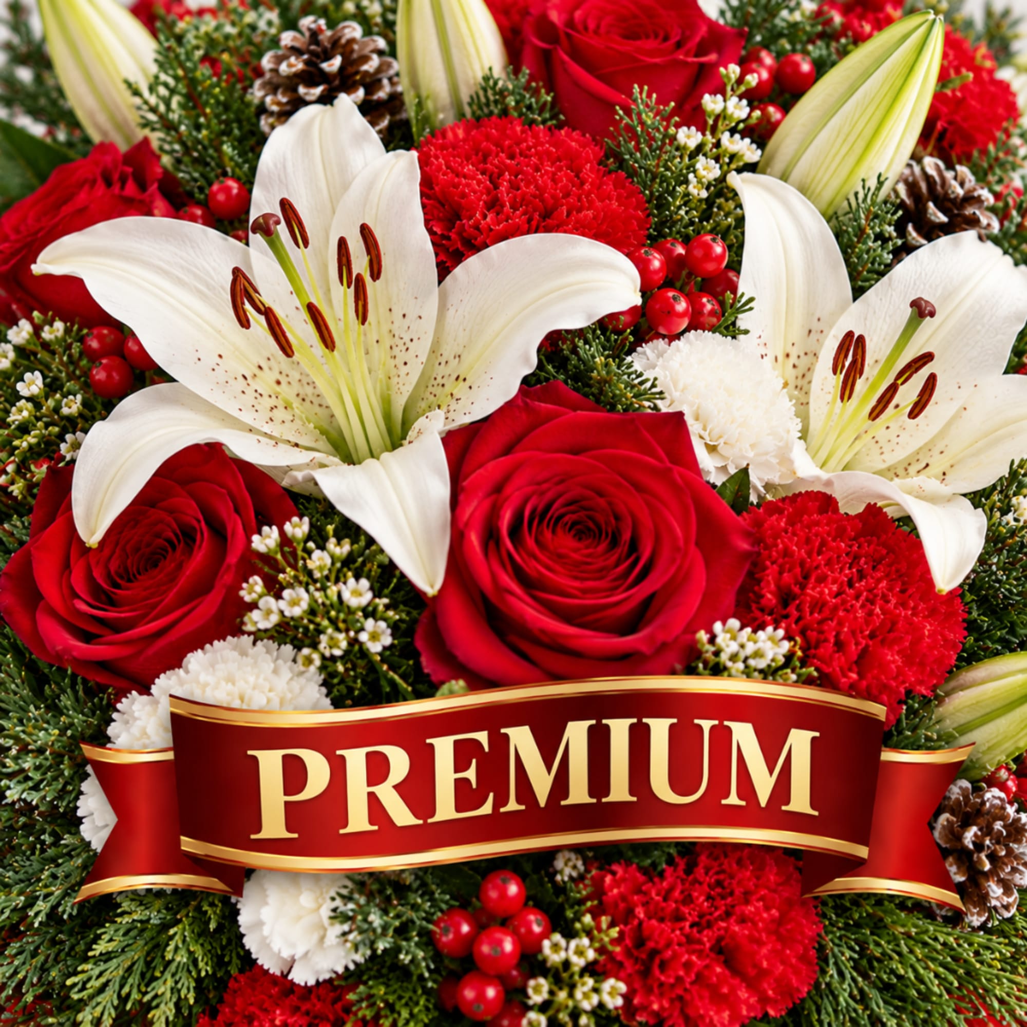 Red roses and white lilies arranged with pinecones and a premium ribbon