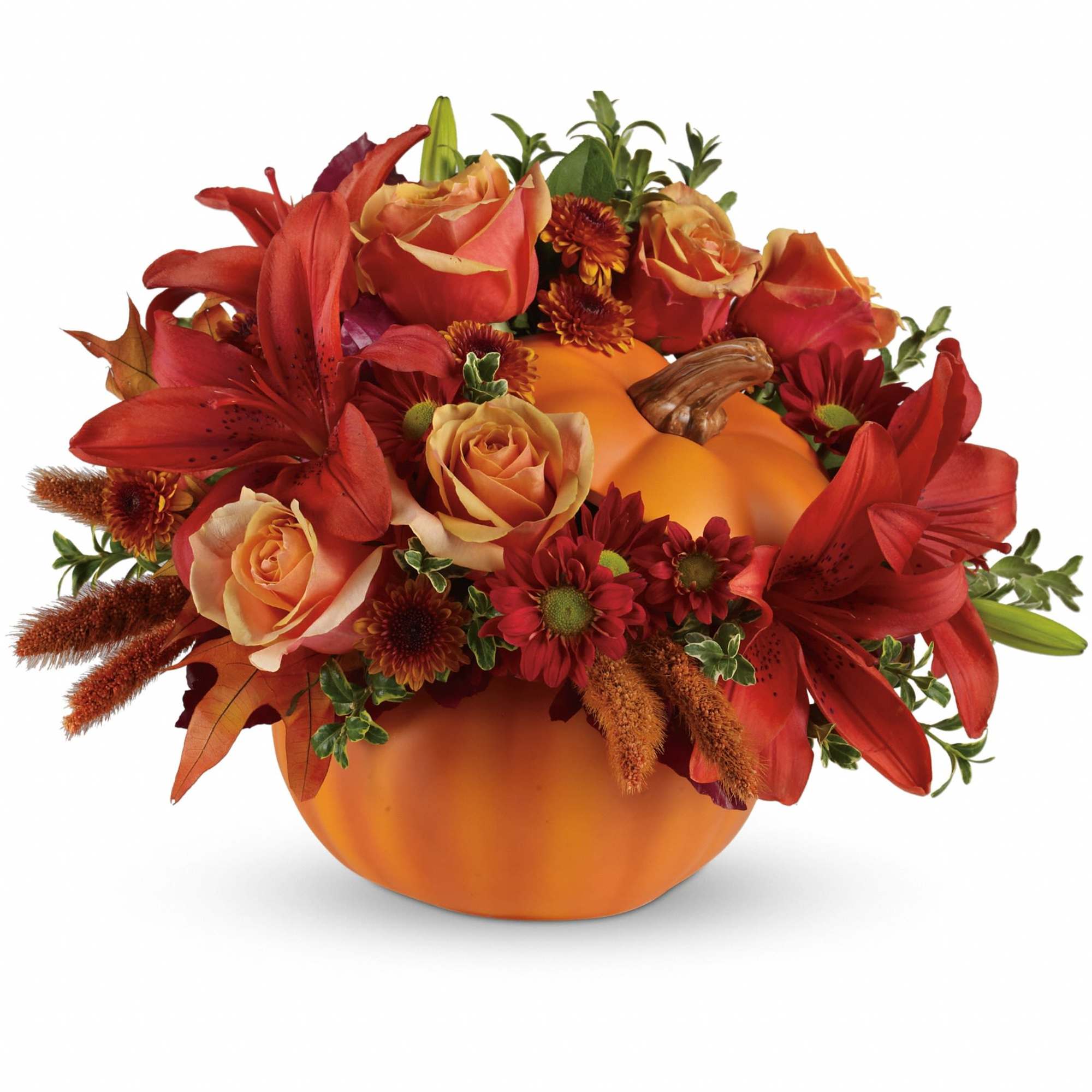 Fall in love with this charming arrangement. Orange roses, dark orange asiatic