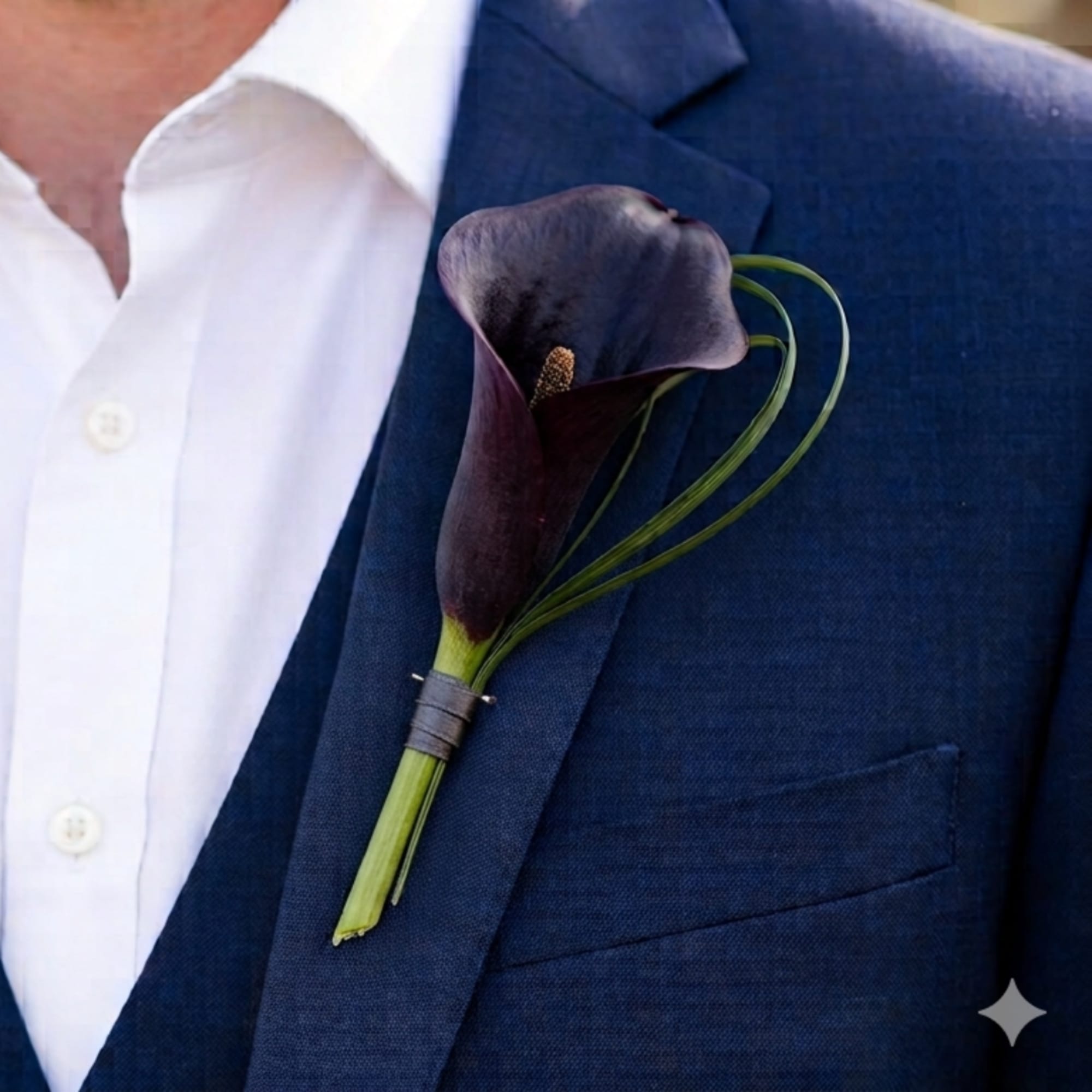 Dark calla lily boutonniere pinned to a navy suit jacket