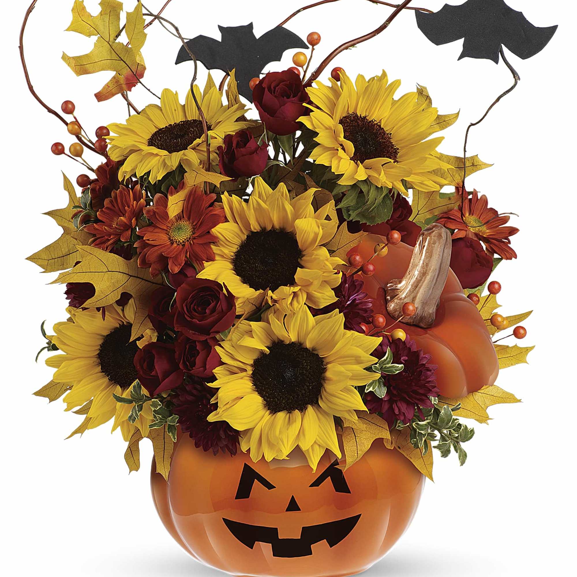 Red spray roses, bright yellow sunflowers, orange daisy spray chrysanthemums and curly