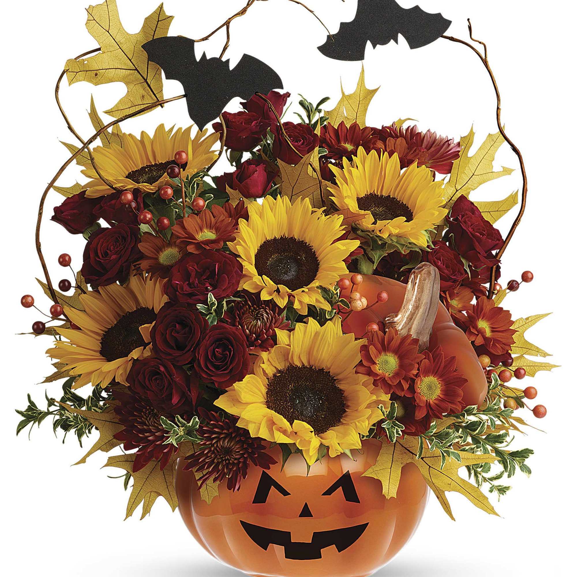 Red spray roses, bright yellow sunflowers, orange daisy spray chrysanthemums and curly