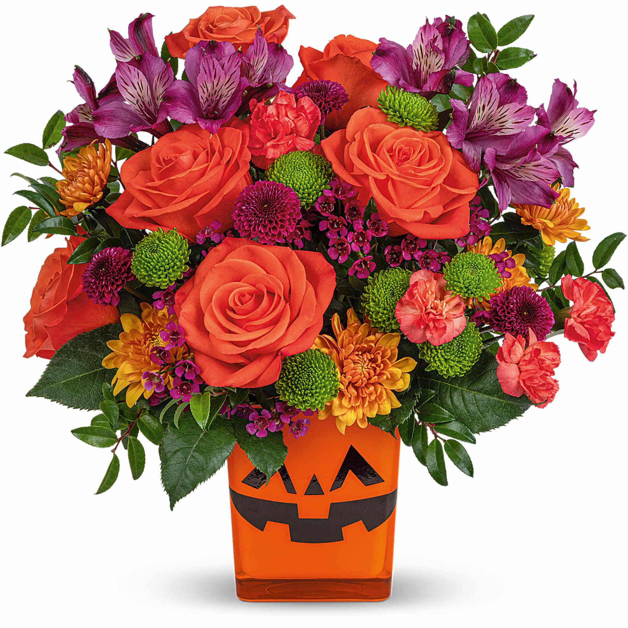 Spooky Spectacle Bouquet is a Halloween treat! Bright orange roses, colorful mums