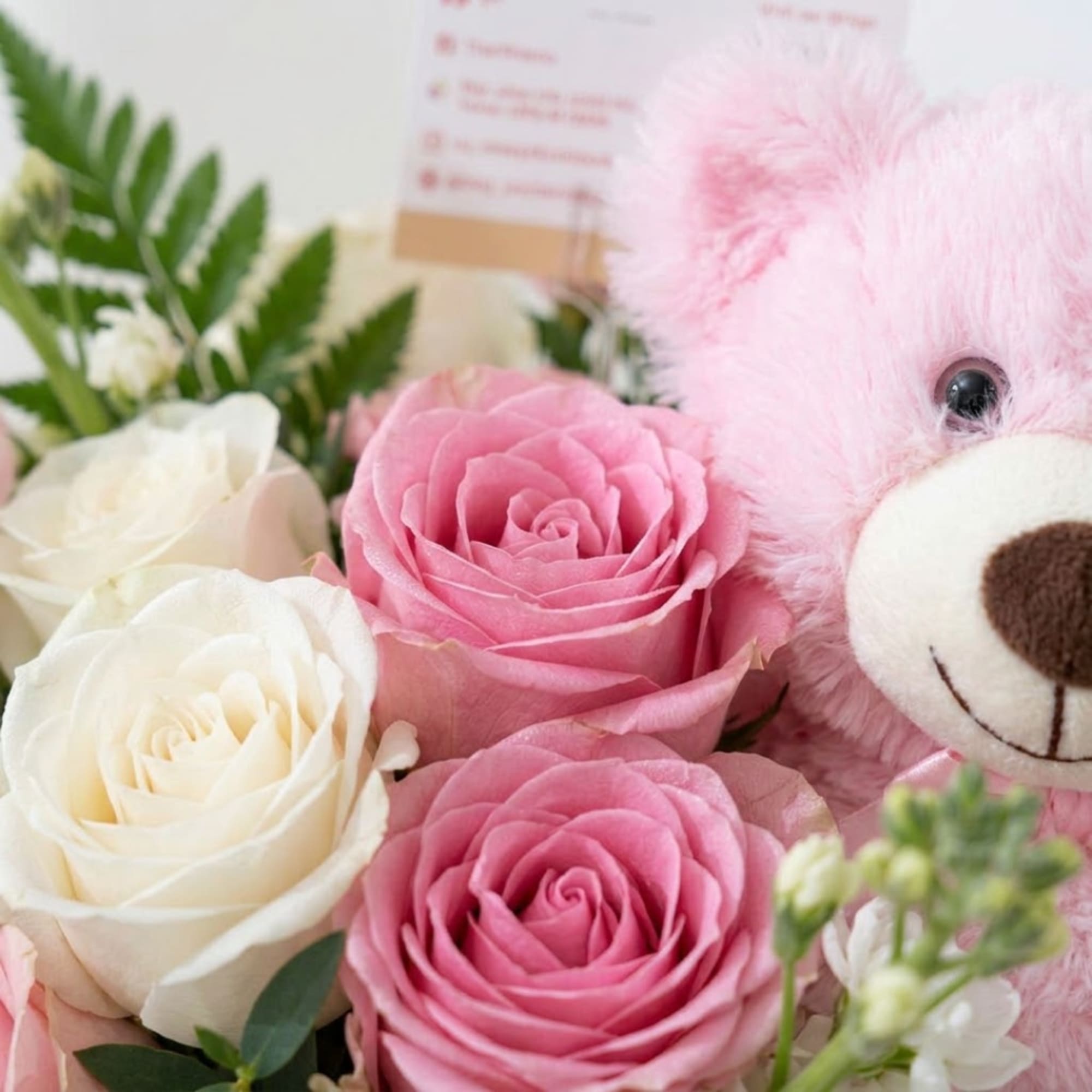 Pink and white roses with a pink teddy bear