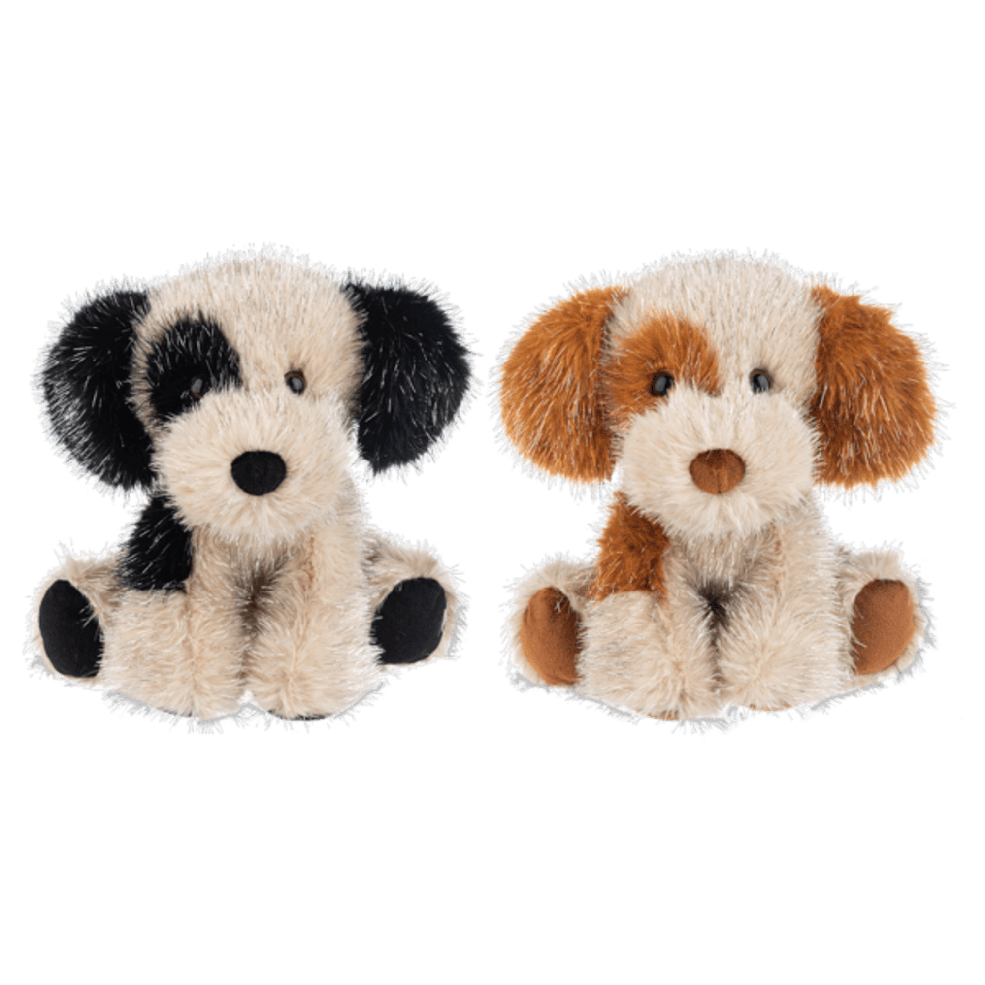 Two plush dog toys sitting side by side