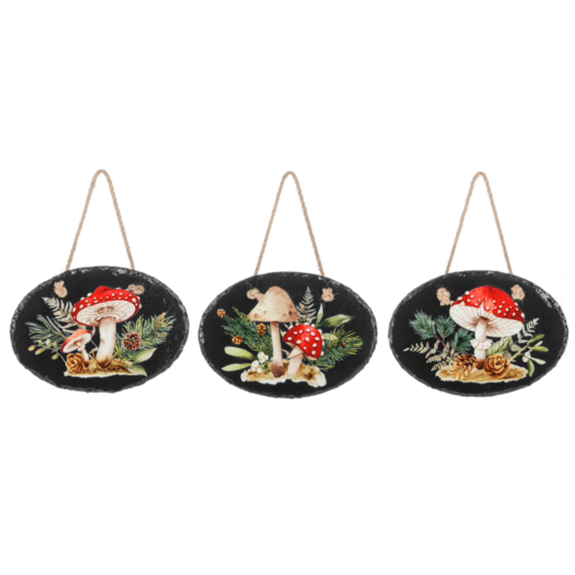 Three hanging oval plaques with mushroom and pine designs
