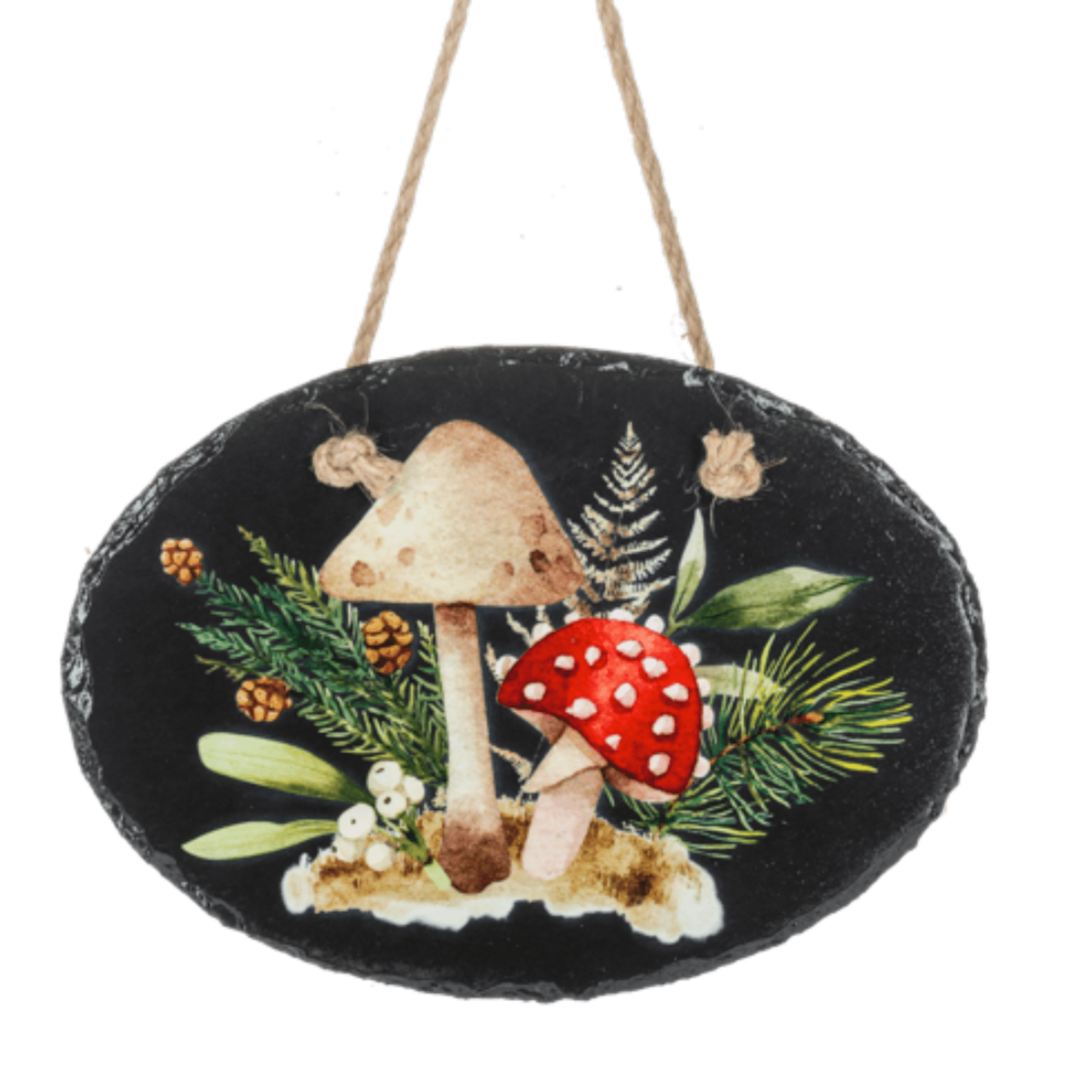 Oval hanging plaque with painted mushrooms and pine sprigs, photo 3 of 4