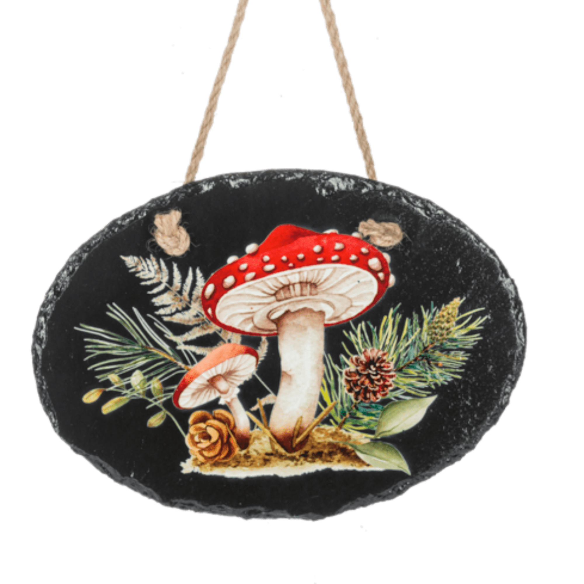 Oval hanging plaque with painted mushrooms and pine sprigs, photo 2 of 4