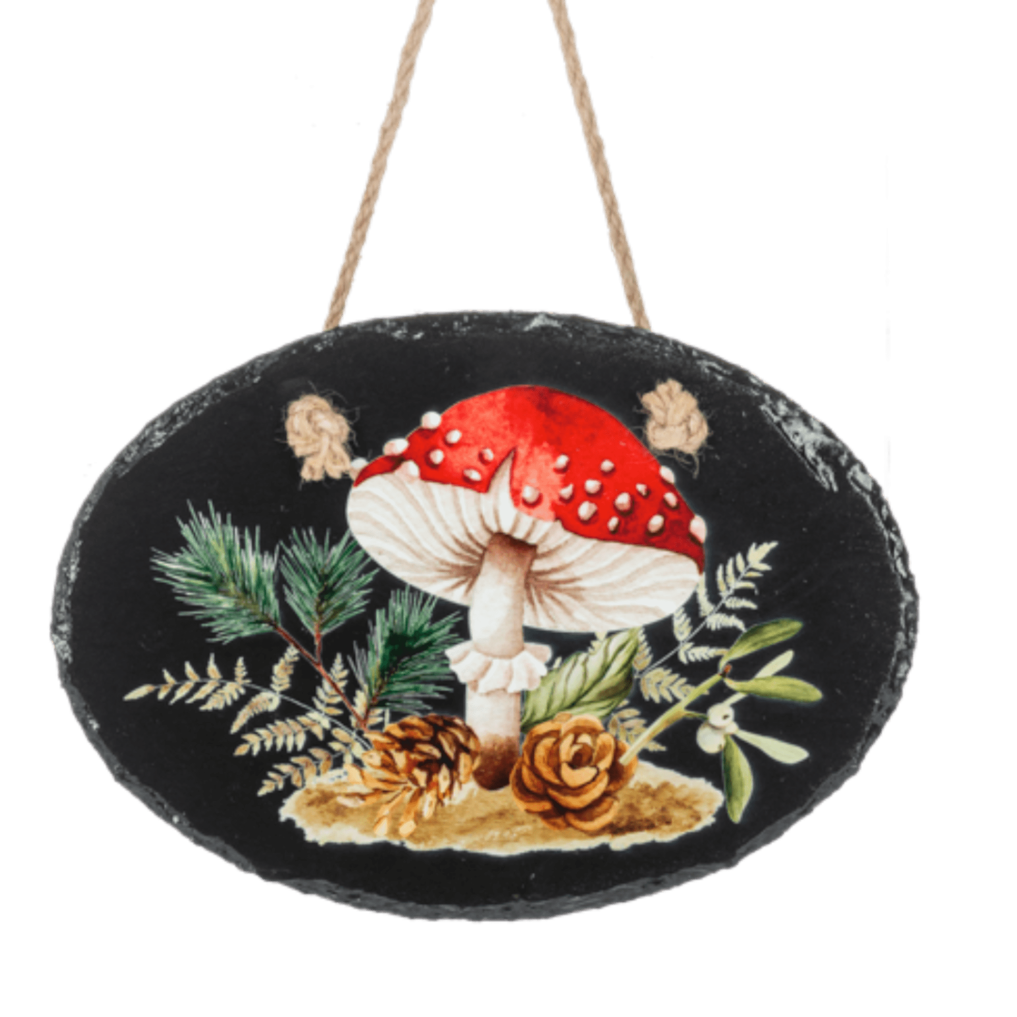 Oval hanging plaque with a painted red mushroom and pinecones