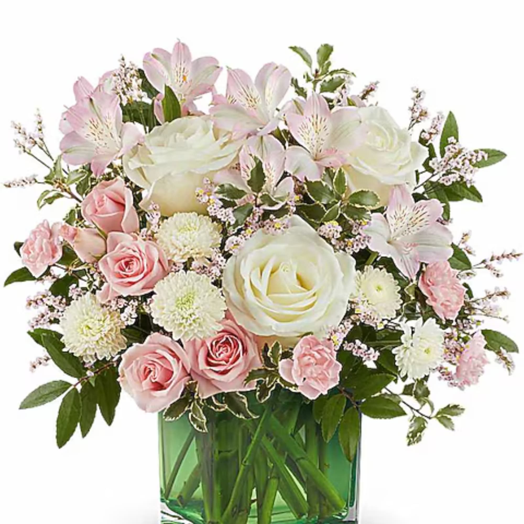 Pink and white bouquet of roses, alstroemeria, and mums in a green glass vase