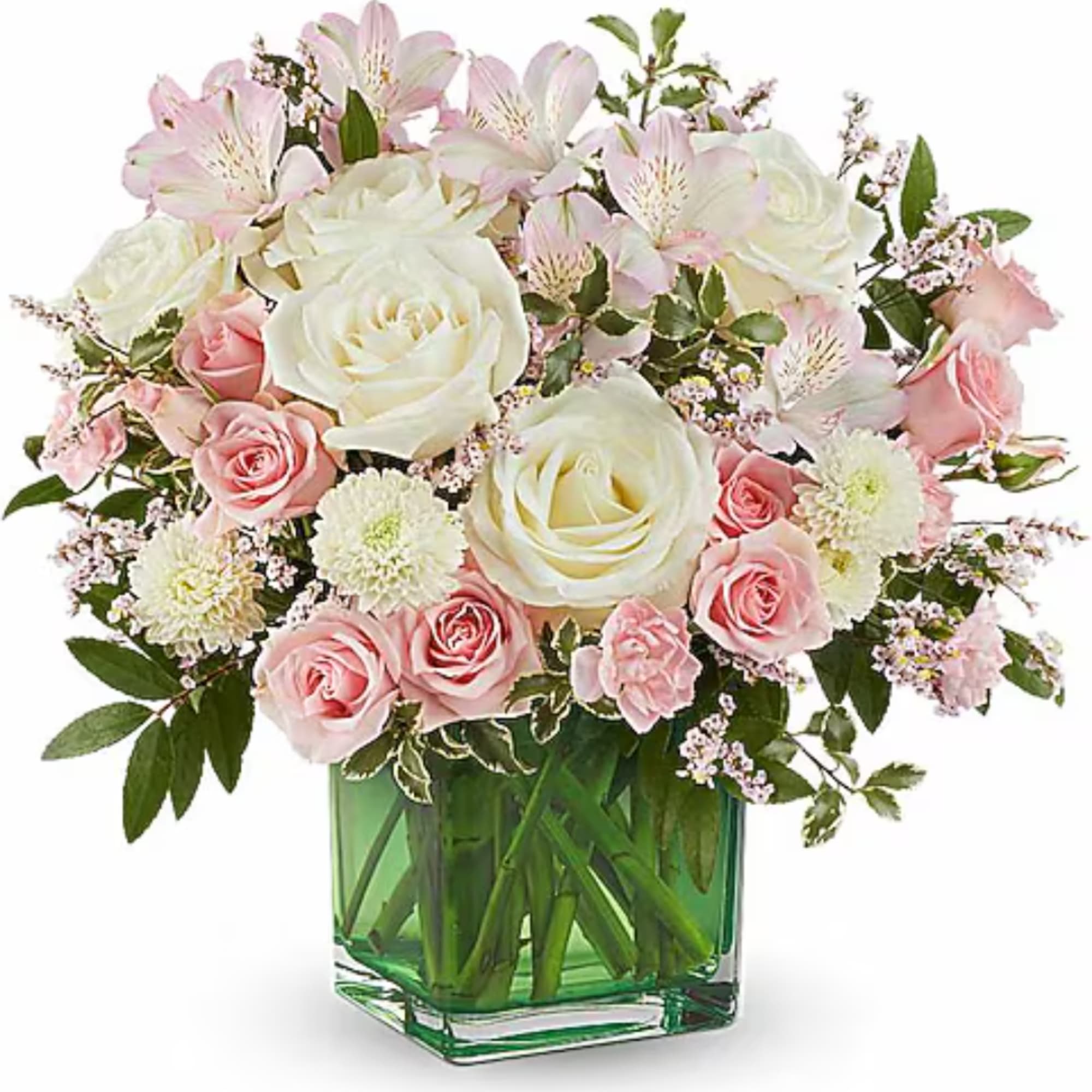Pink and white bouquet of roses and alstroemeria in a green glass vase