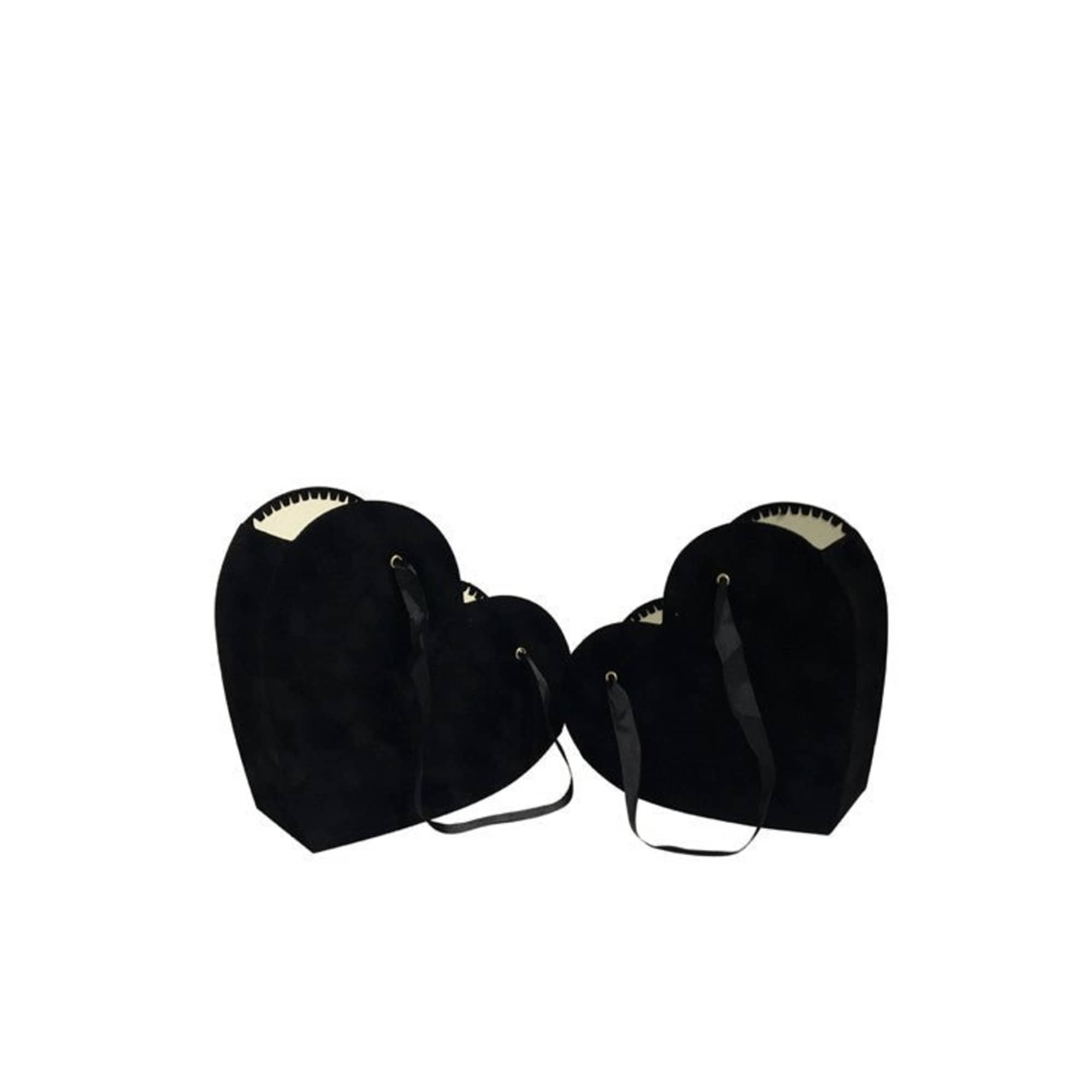 Two black heart-shaped gift bags with ribbon handles