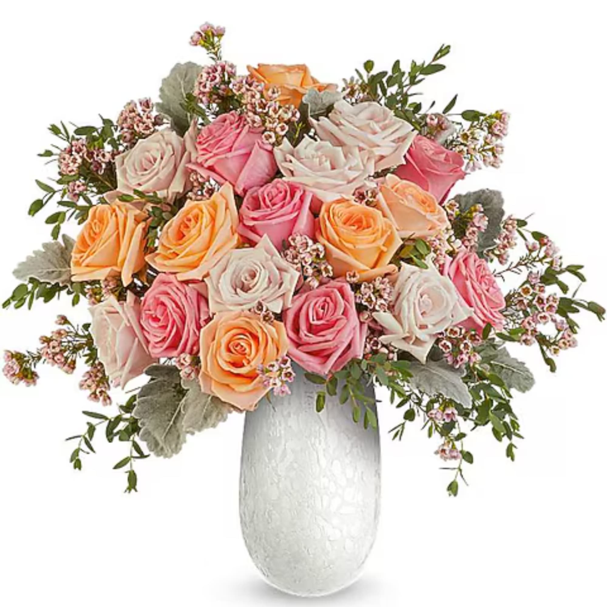 Bouquet of pink, peach, and white roses in a white vase