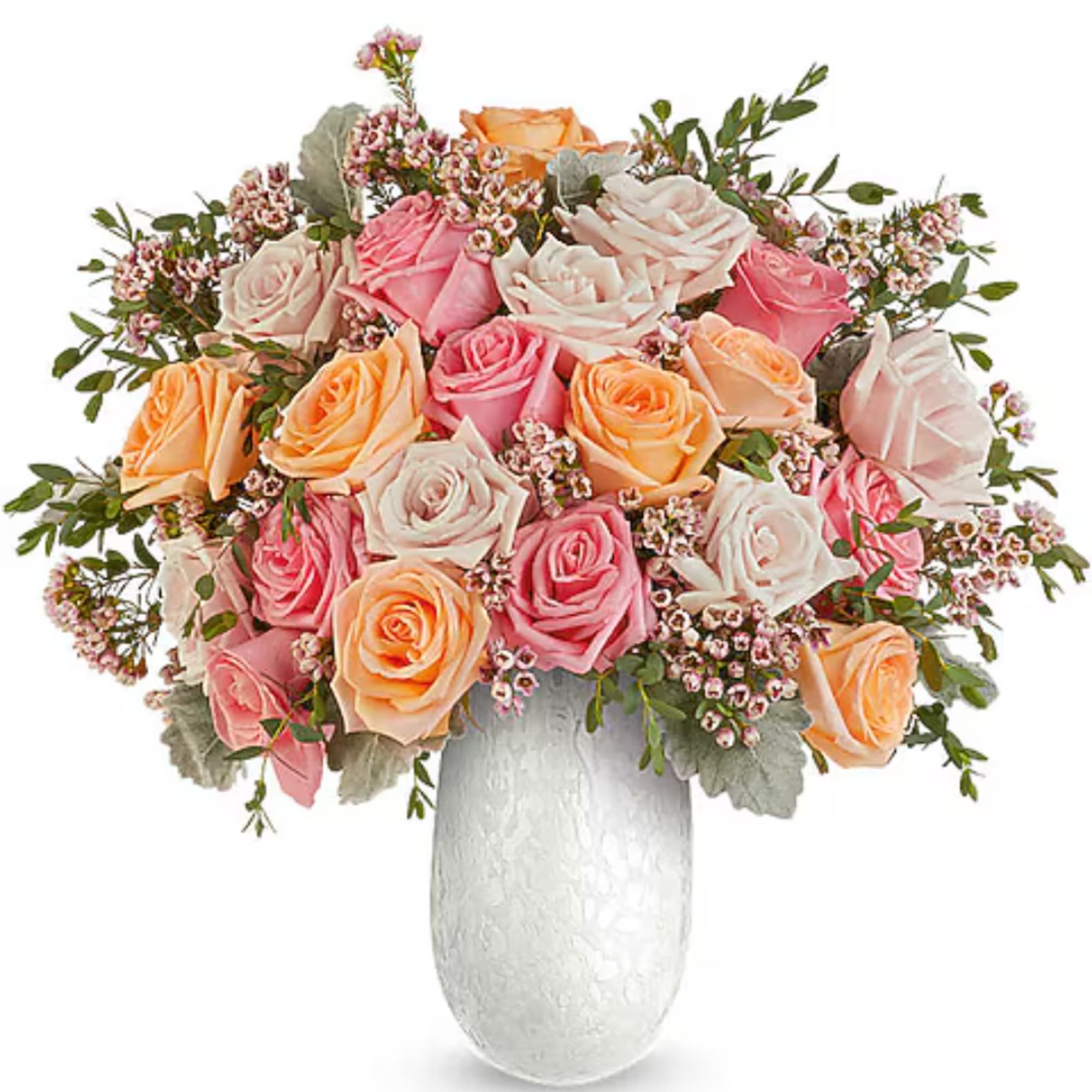 Bouquet of pink, peach, and white roses in a white vase