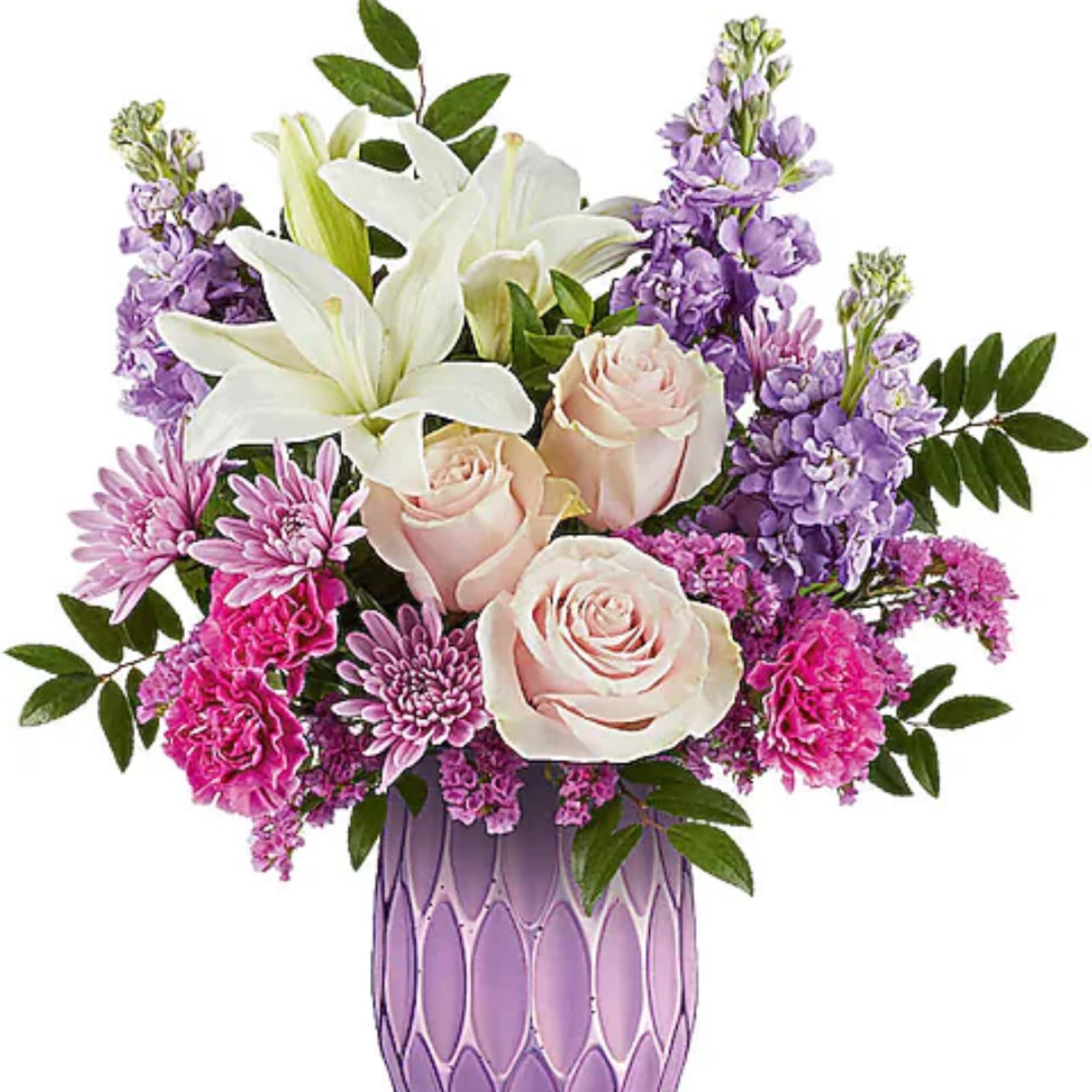 Pink roses and white lilies in a purple vase with lavender flowers