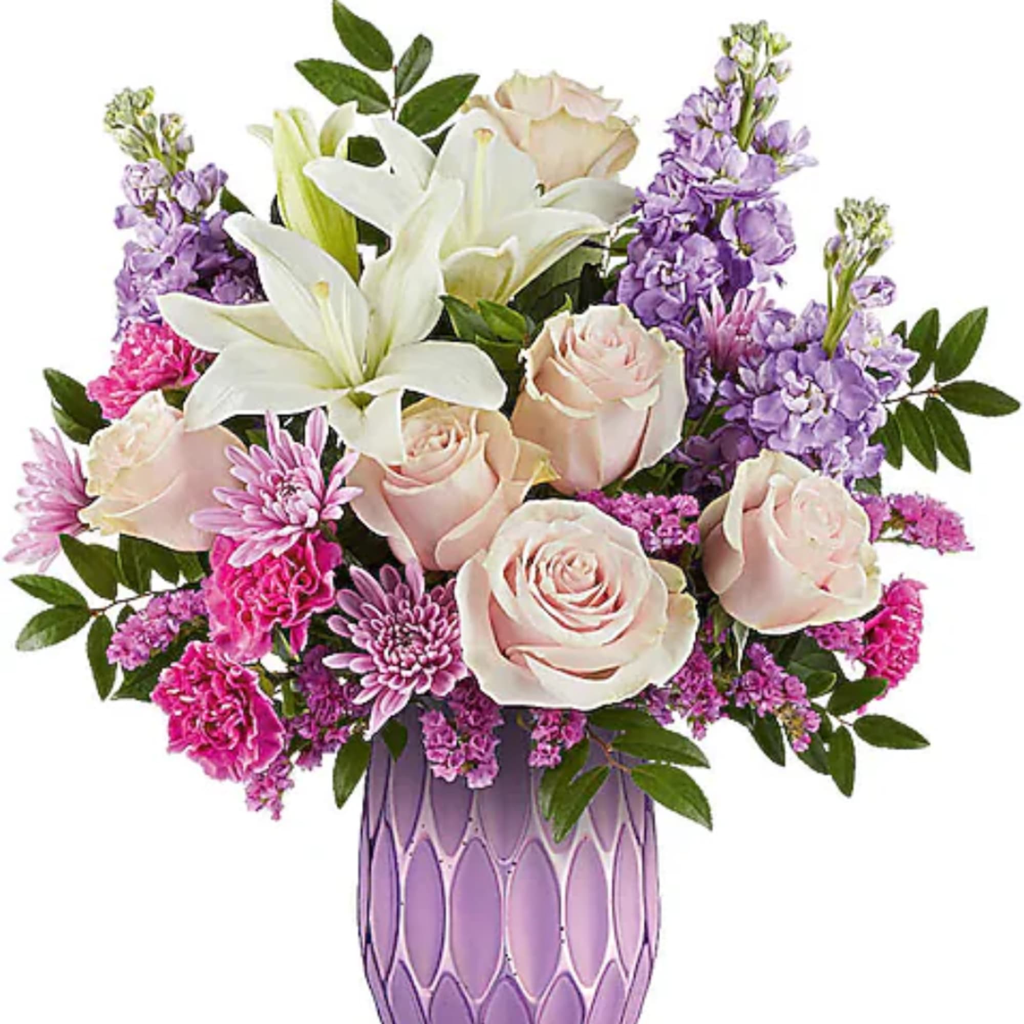 Pink roses and white lilies in a purple vase with lavender flowers