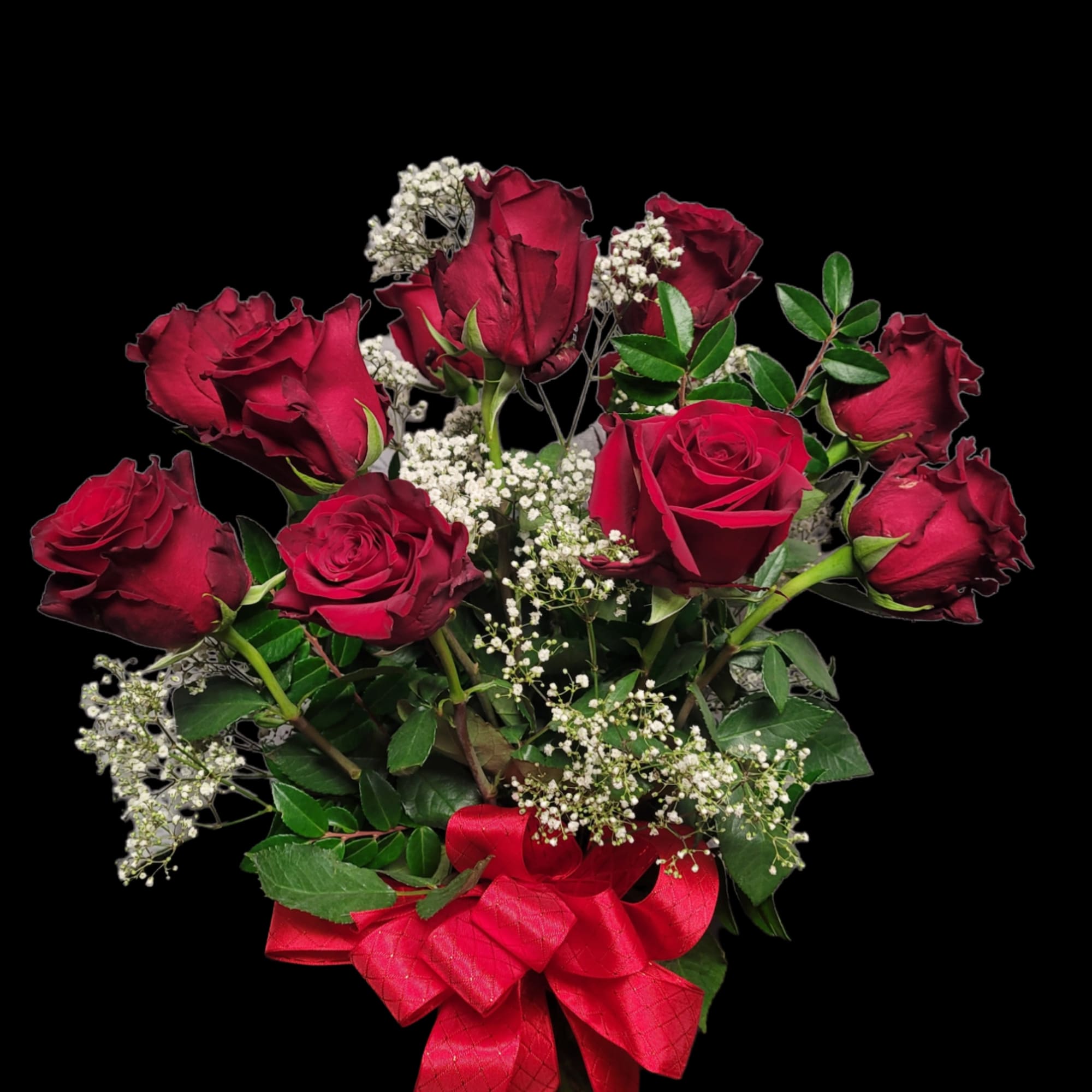 Bouquet of red roses with baby's breath and a red ribbon