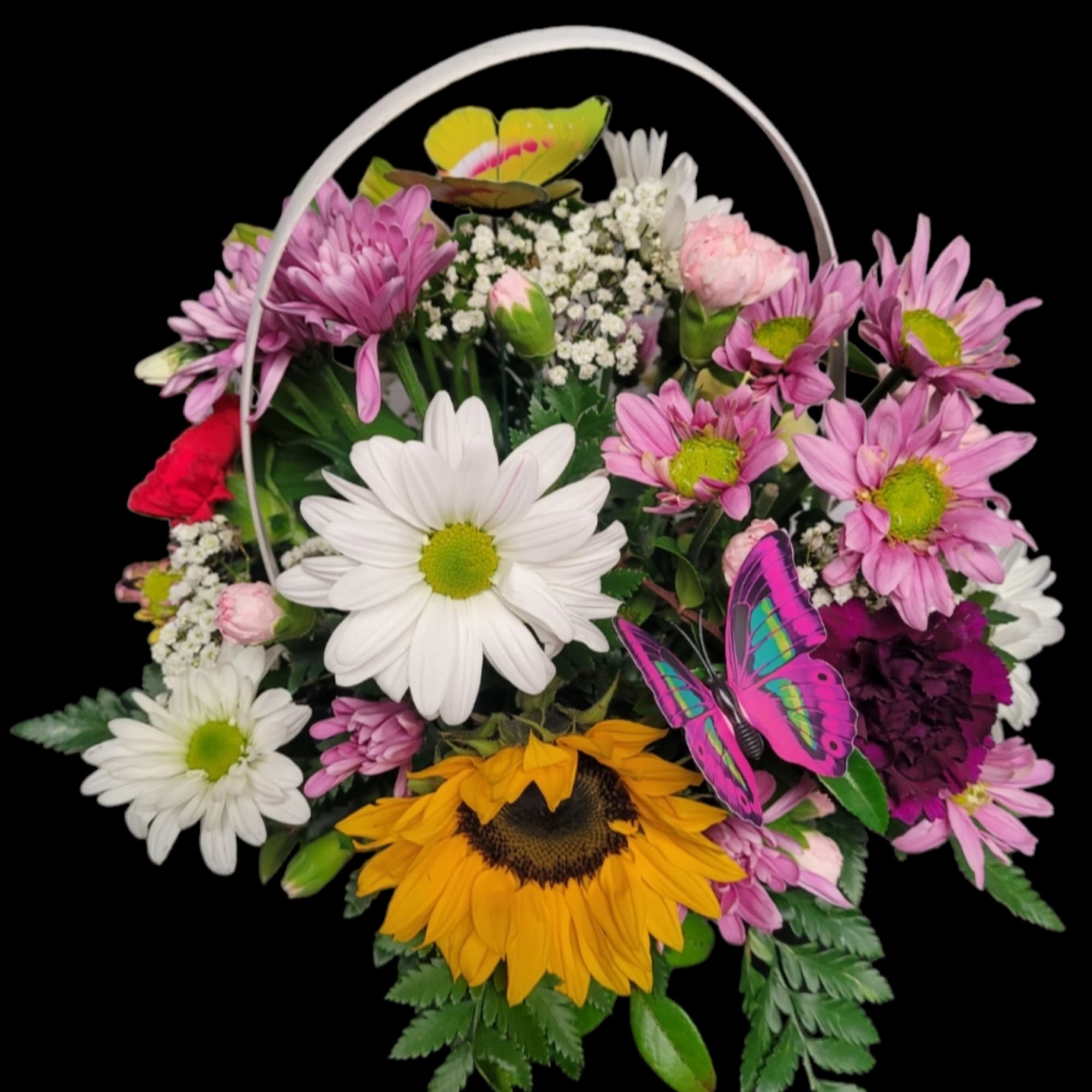 Basket of mixed flowers with daisies, sunflowers, and a butterfly decoration