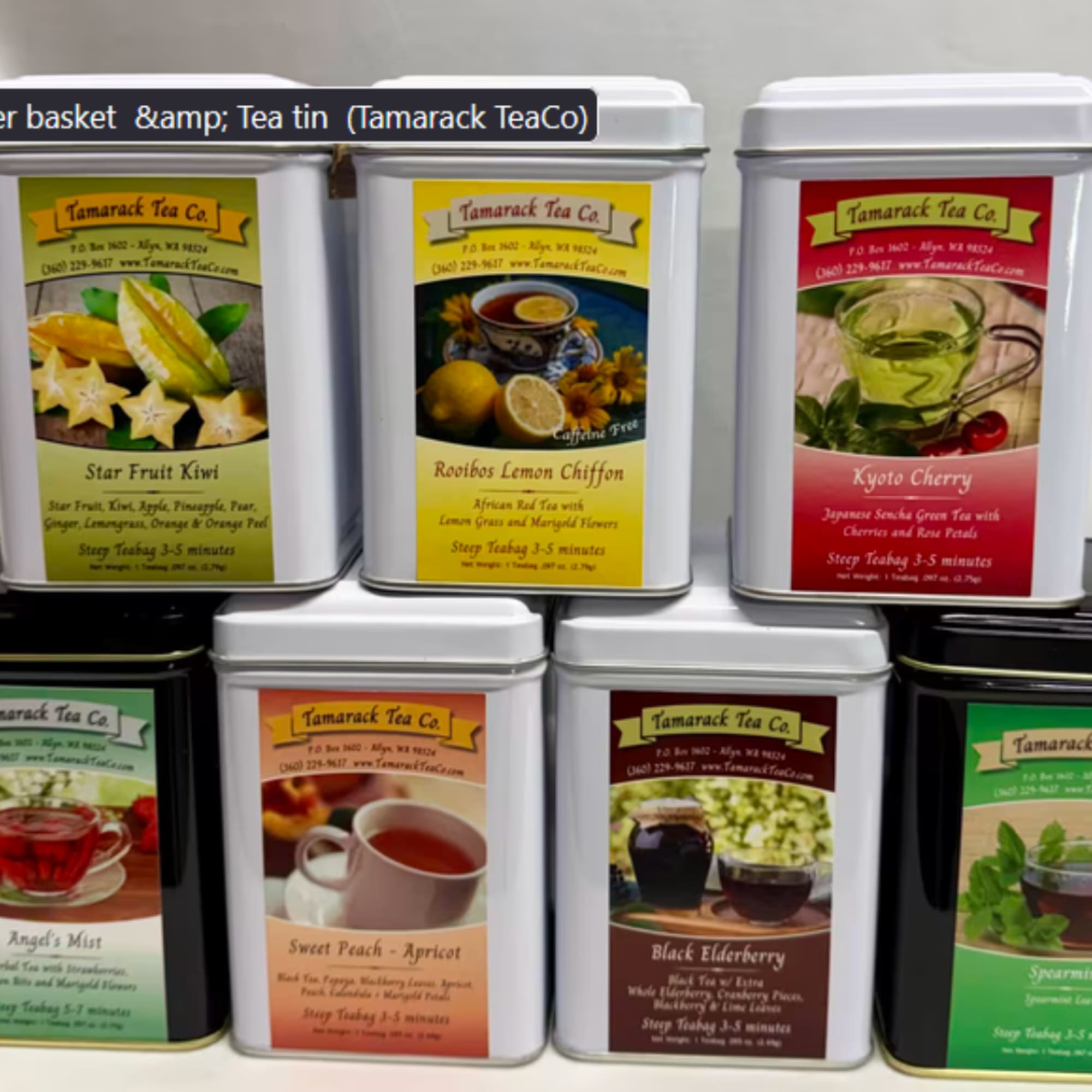 Assorted Tamarack Tea Co. tea tins stacked on a shelf