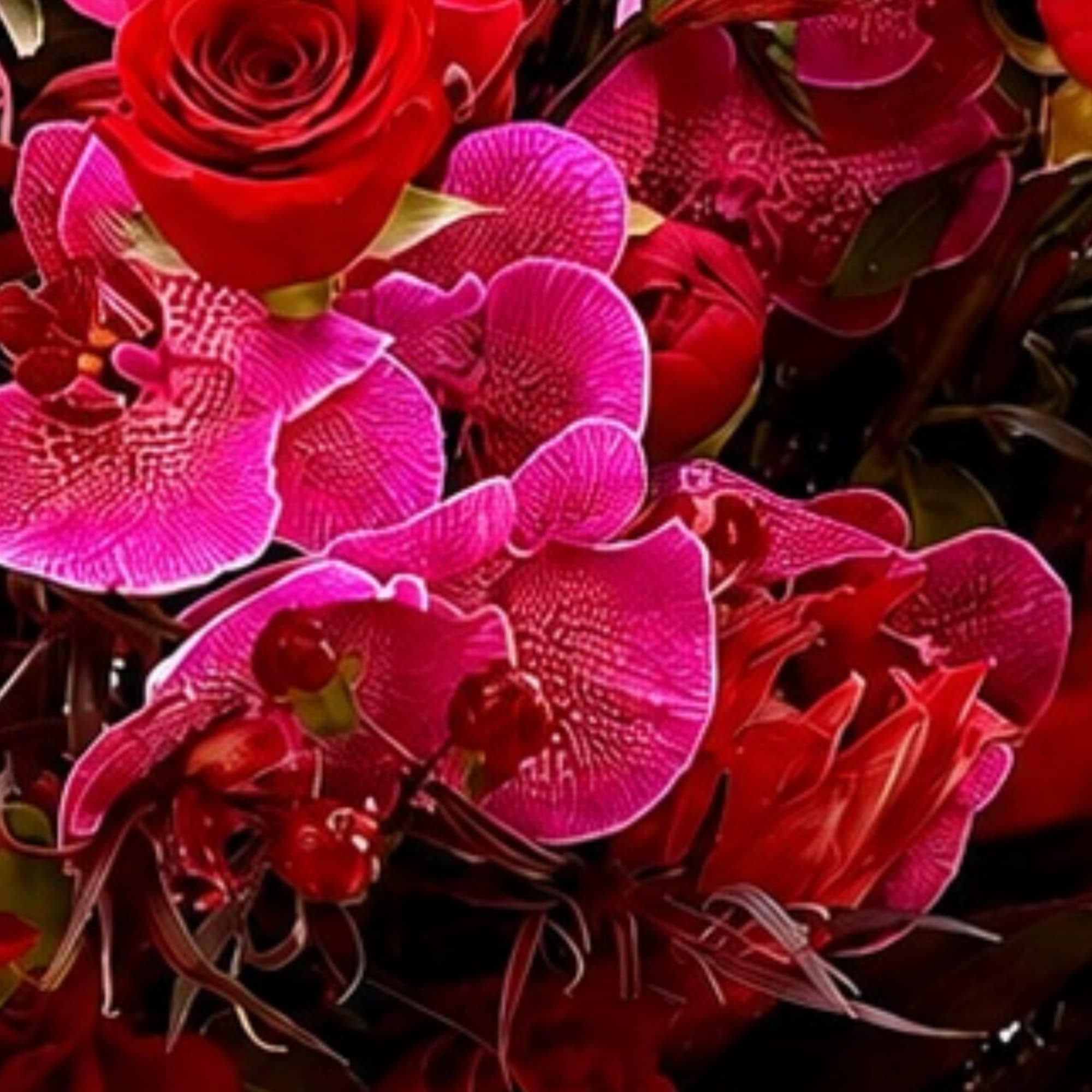 Lush waves of red roses and bright pink blooms make a richly, photo 2 of 2