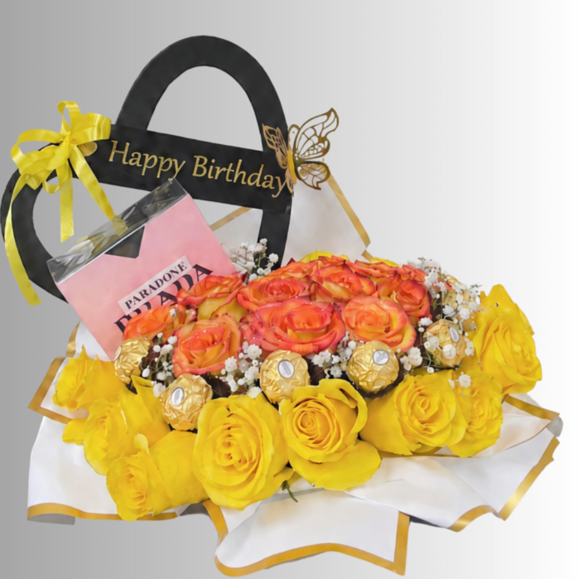 Yellow and orange rose bouquet with chocolates and a Happy Birthday sign