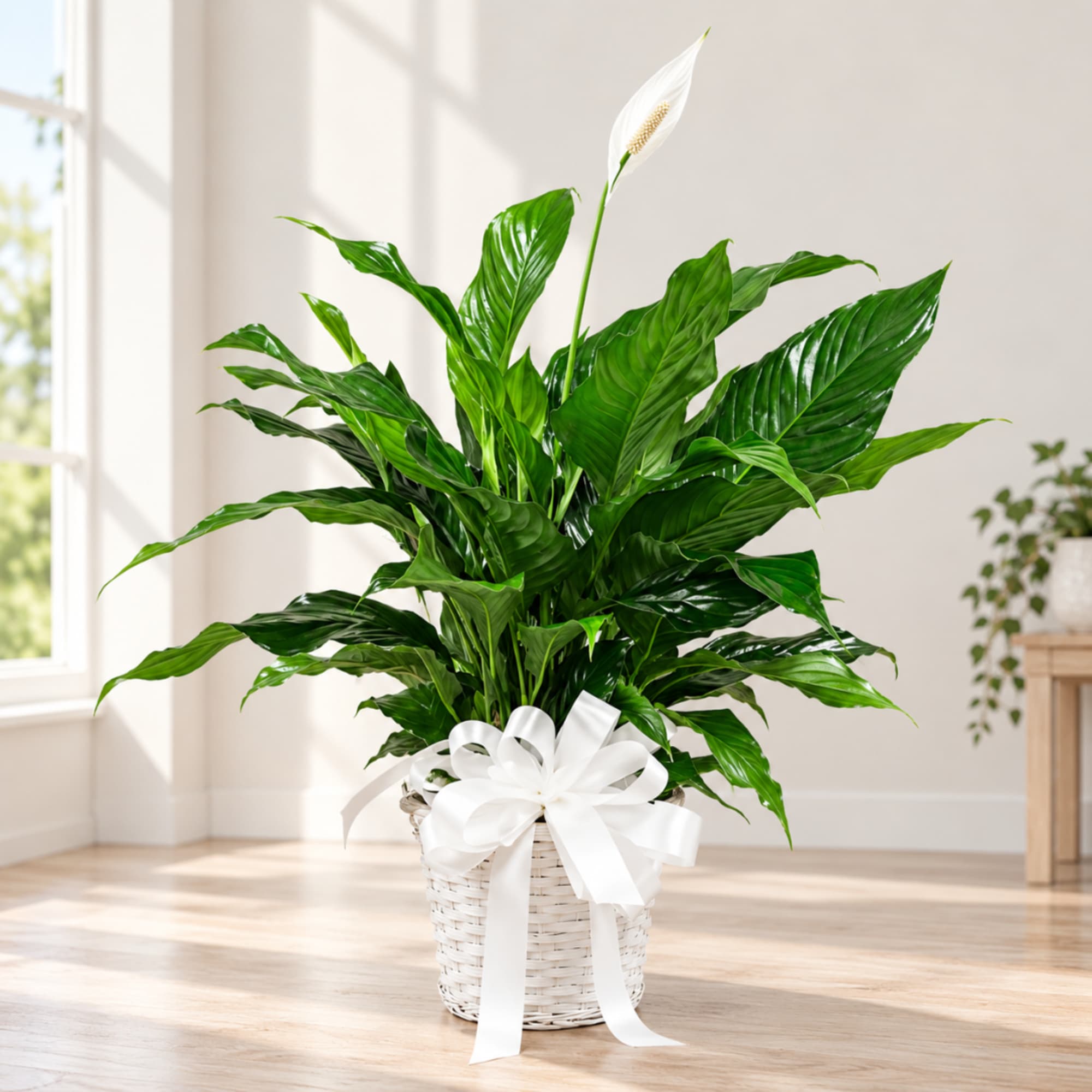Potted peace lily in a white basket with a ribbon bow
