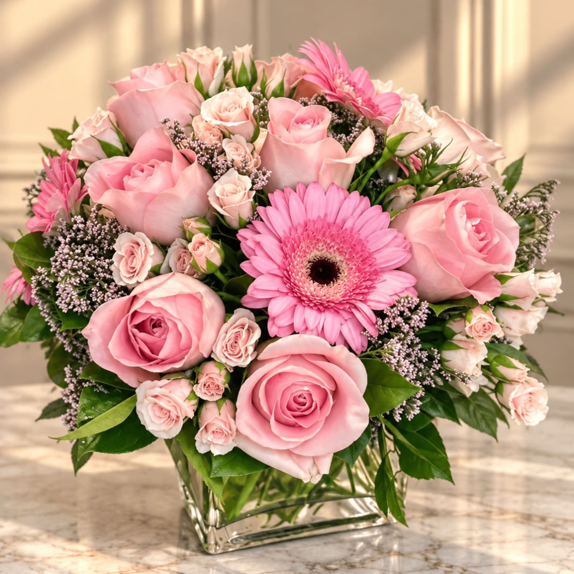 Pink roses and gerbera daisies arranged in a clear square vase