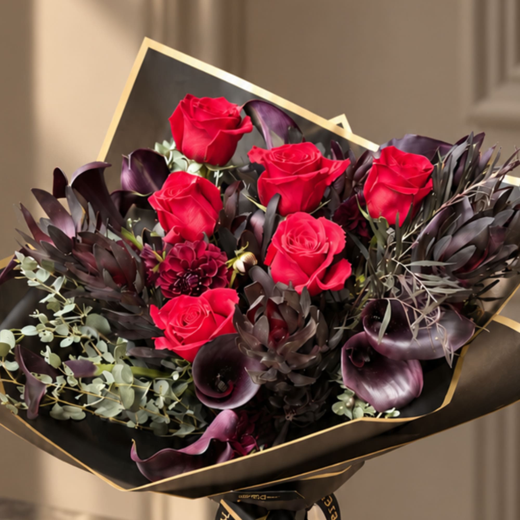Bouquet of red roses with dark purple calla lilies and foliage
