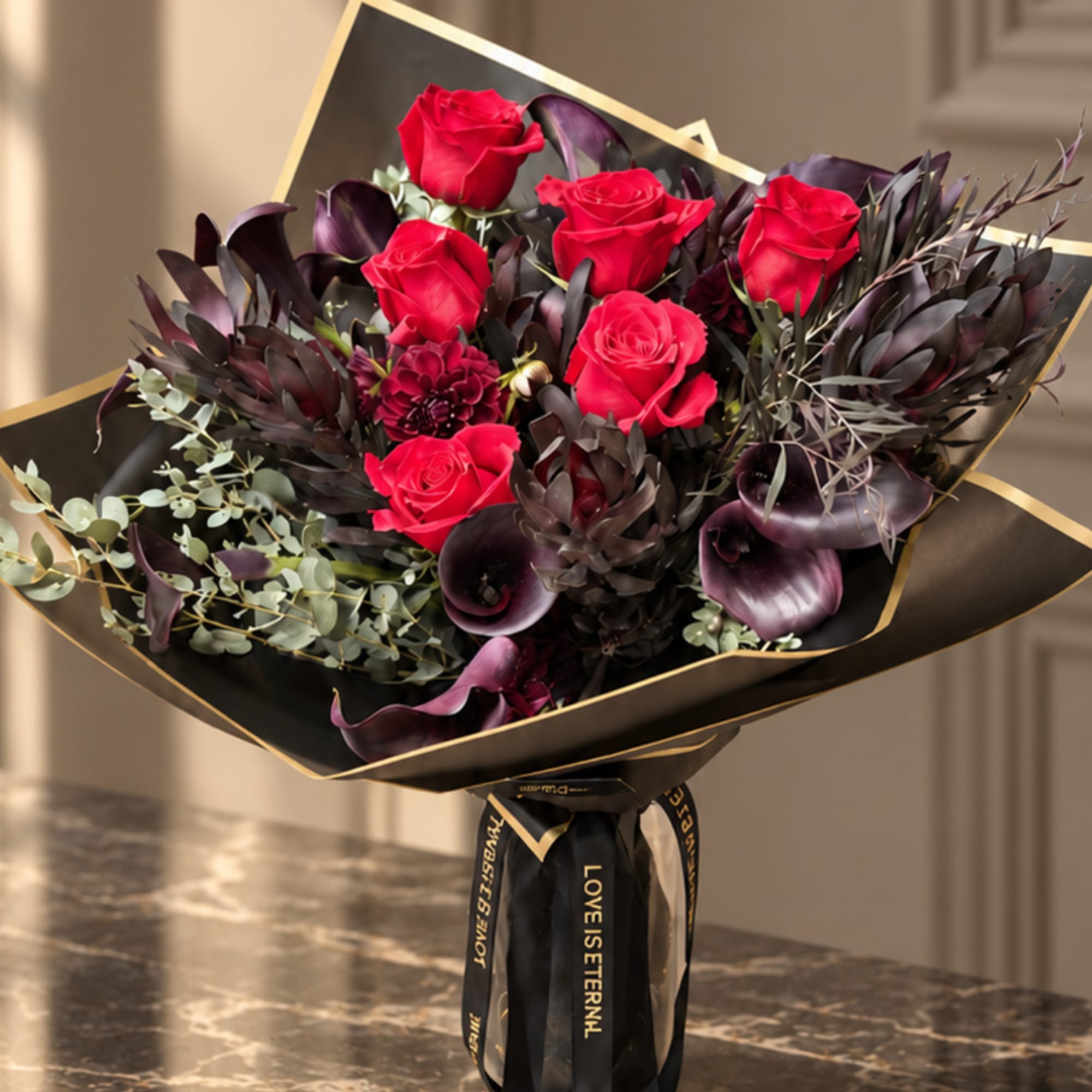 Bouquet of red roses with dark purple flowers wrapped in black paper