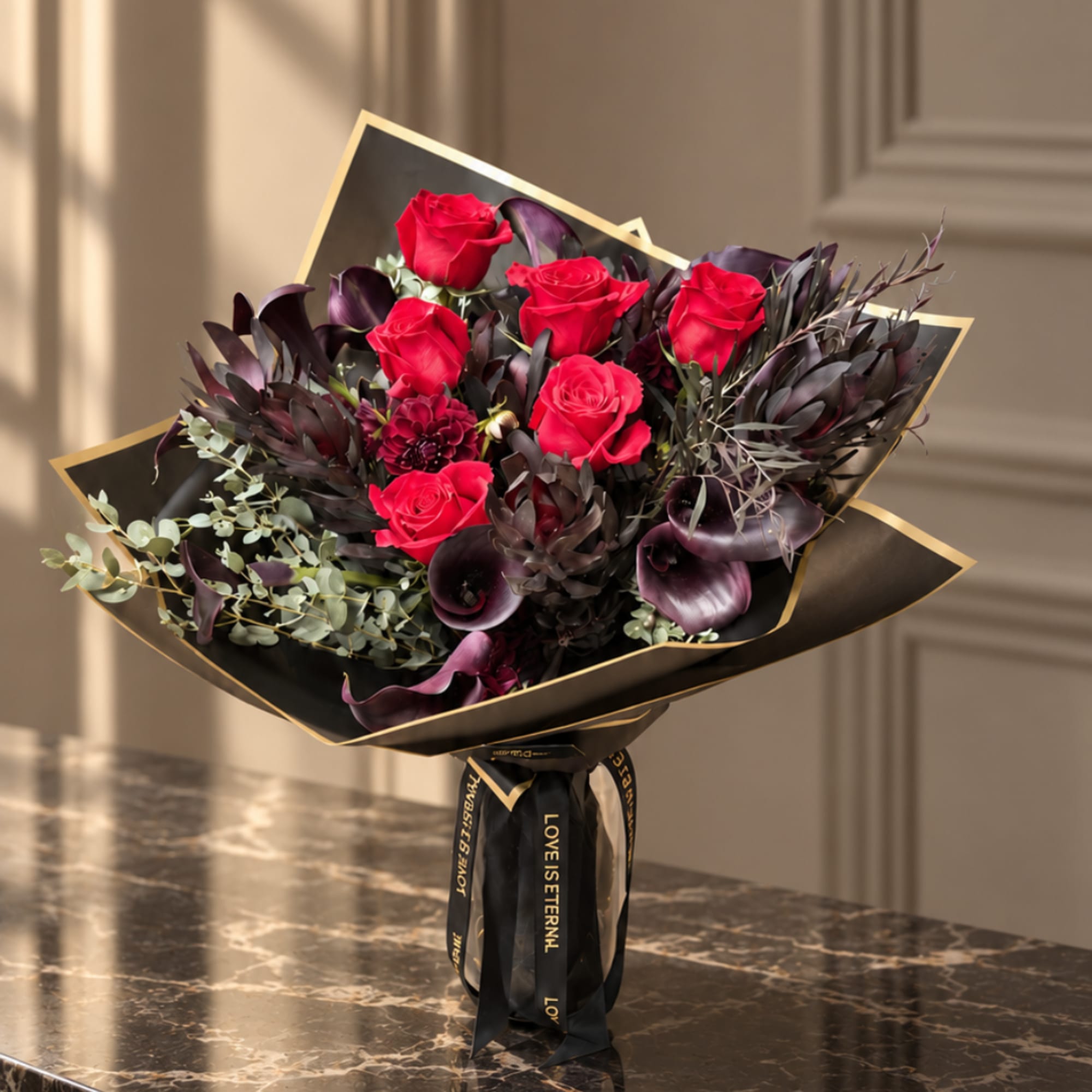 Bouquet of red roses with dark purple flowers wrapped in black paper