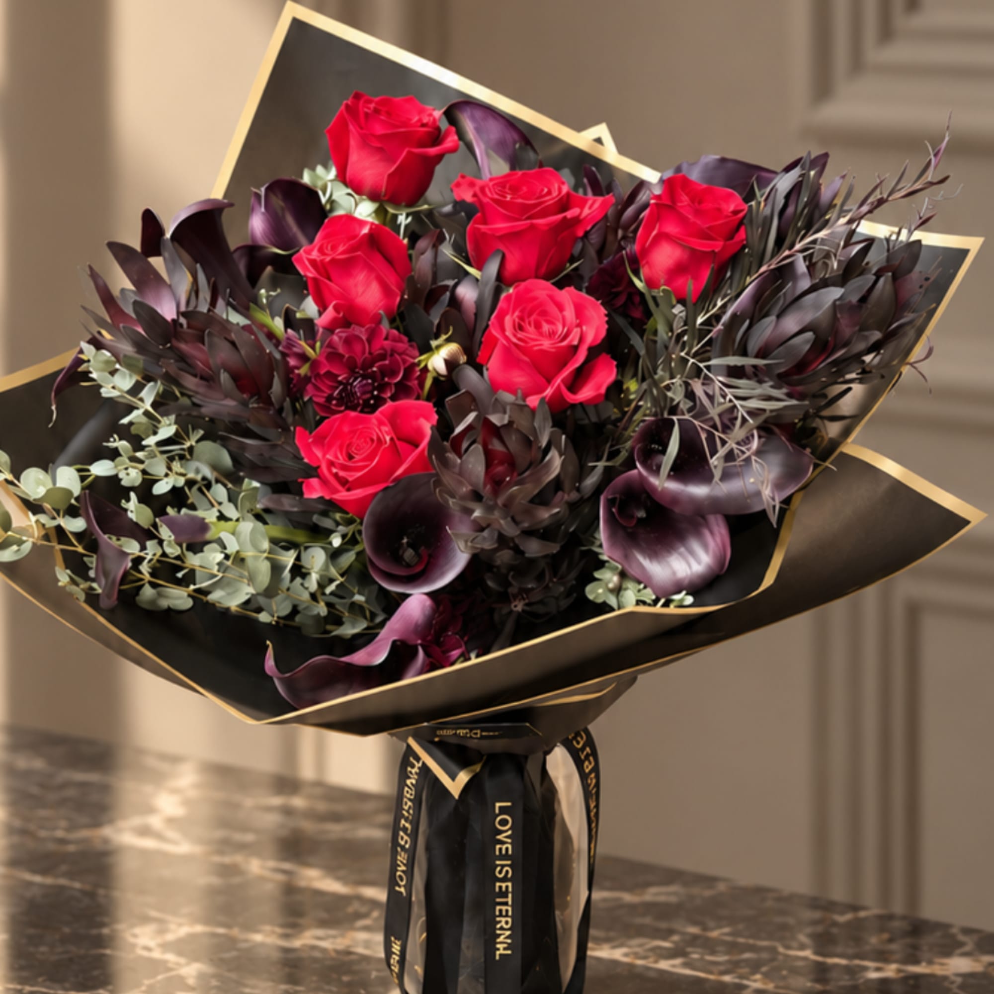 Bouquet of red roses with dark purple flowers in black and gold wrap