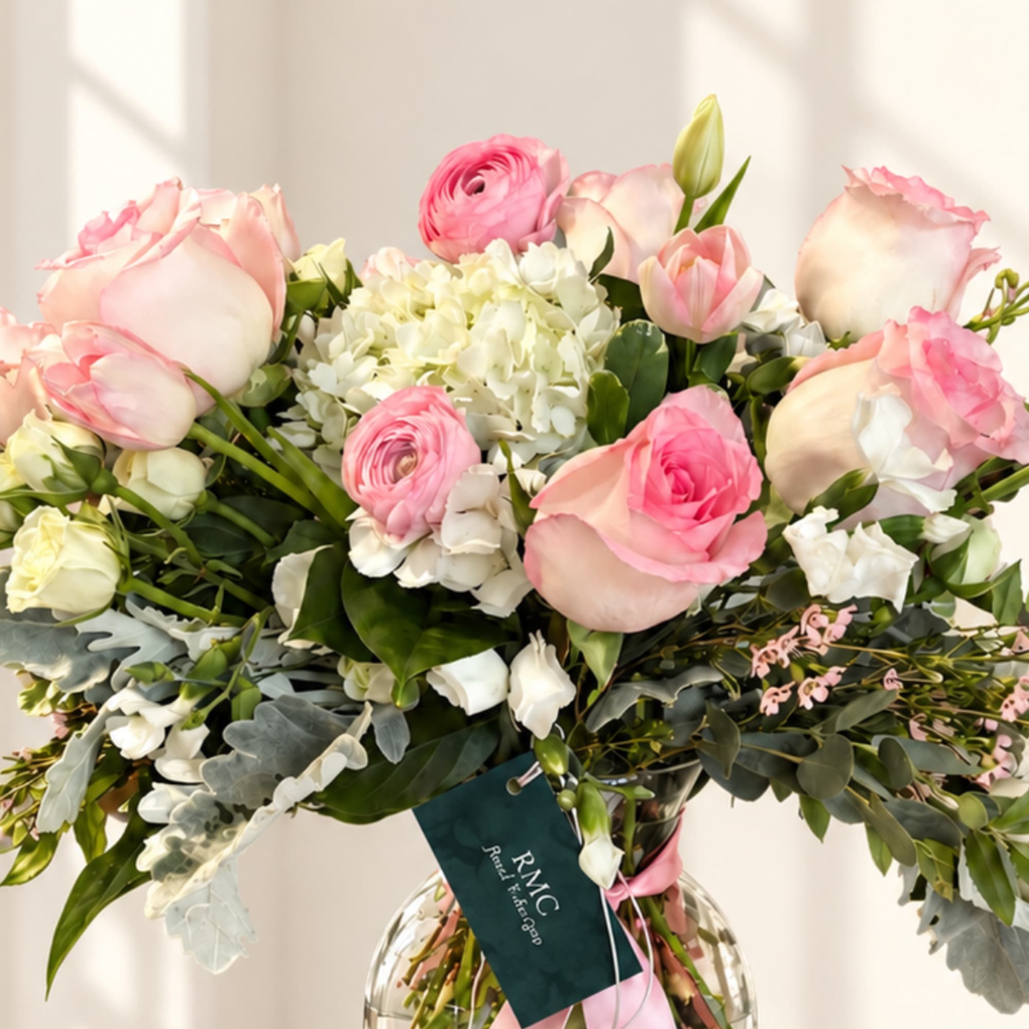 Pink and white flower bouquet in a glass vase