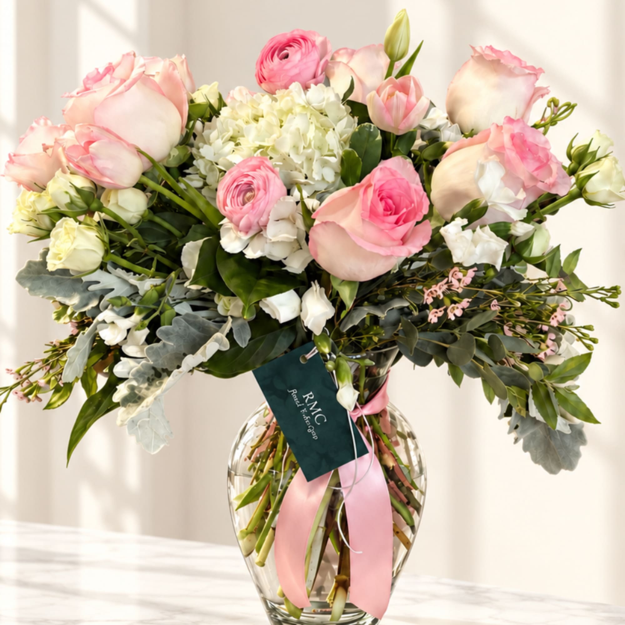Pink and white bouquet of roses and mixed blooms in a glass vase