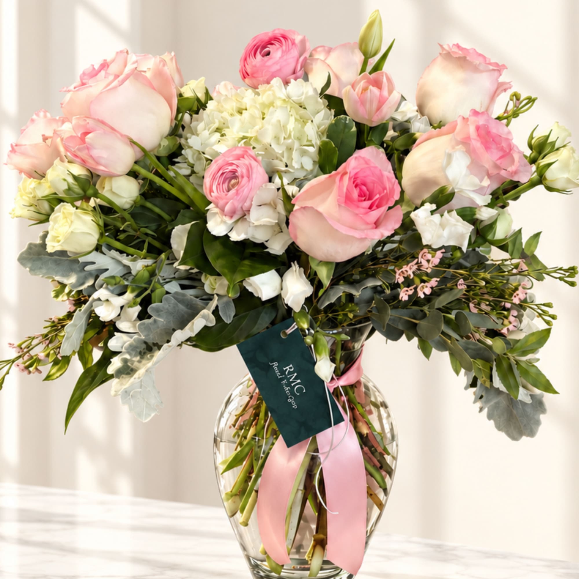 Pink roses and white flowers arranged in a clear glass vase with a pink ribbon