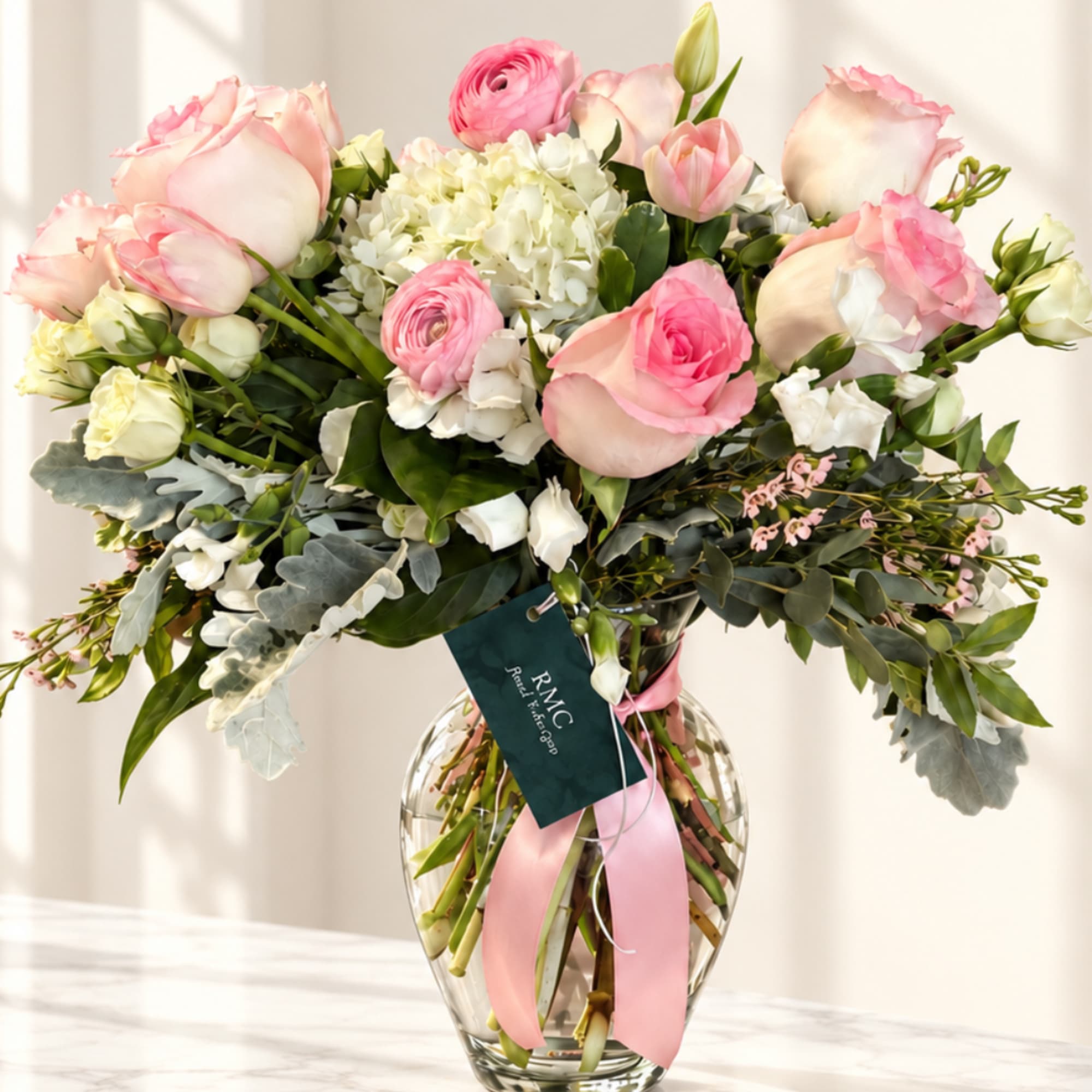 Pink roses and white flowers in a clear glass vase with a pink ribbon
