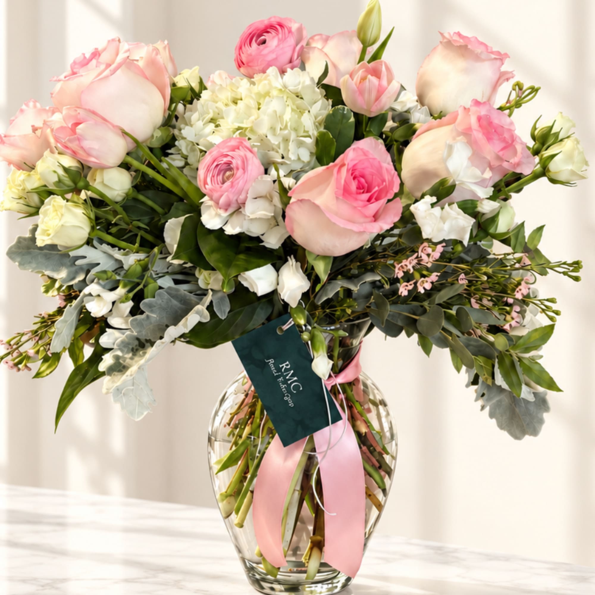 Pink and white roses with hydrangea in a glass vase