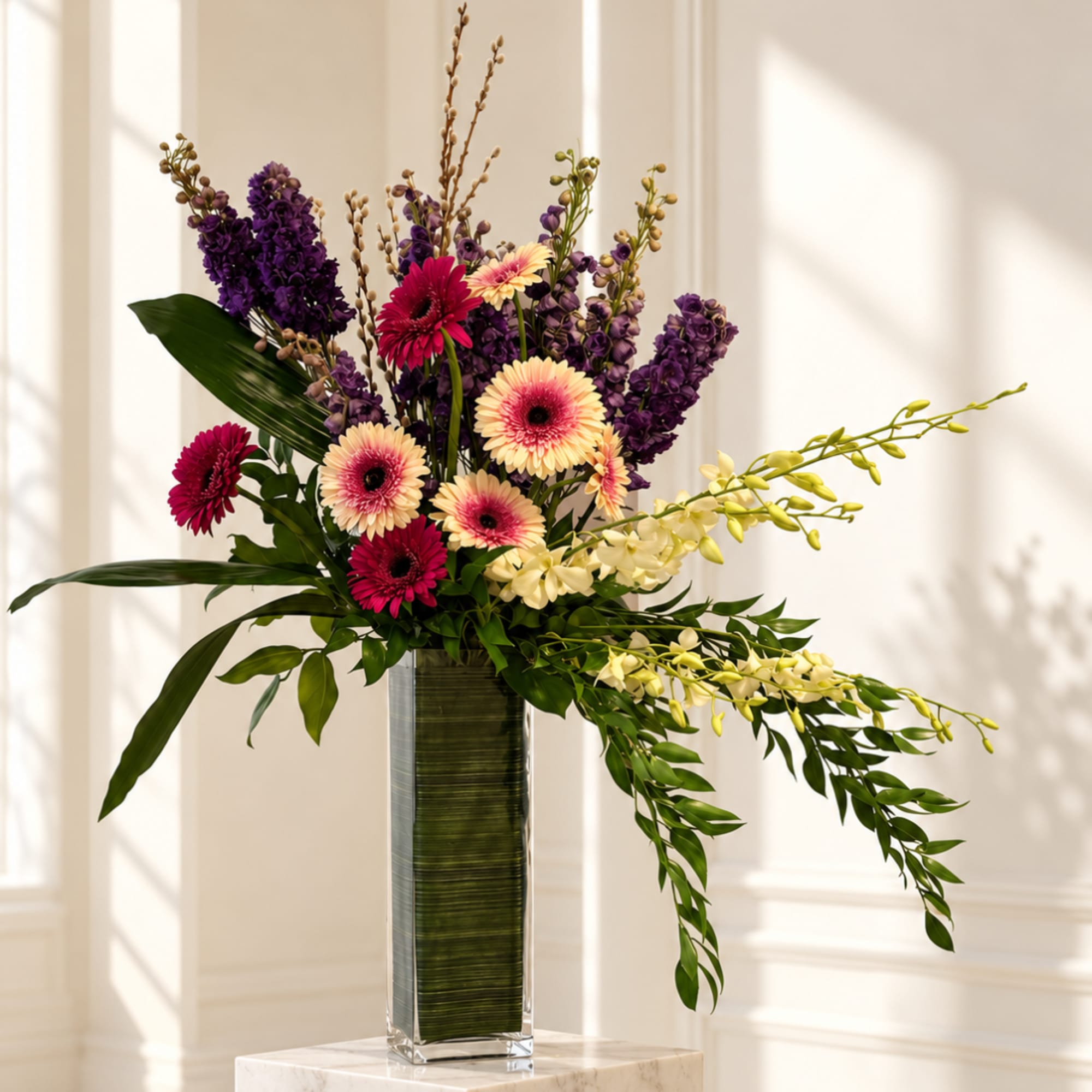 Tall floral arrangement with purple blooms, pink gerbera daisies, and white orchids in a glass vase