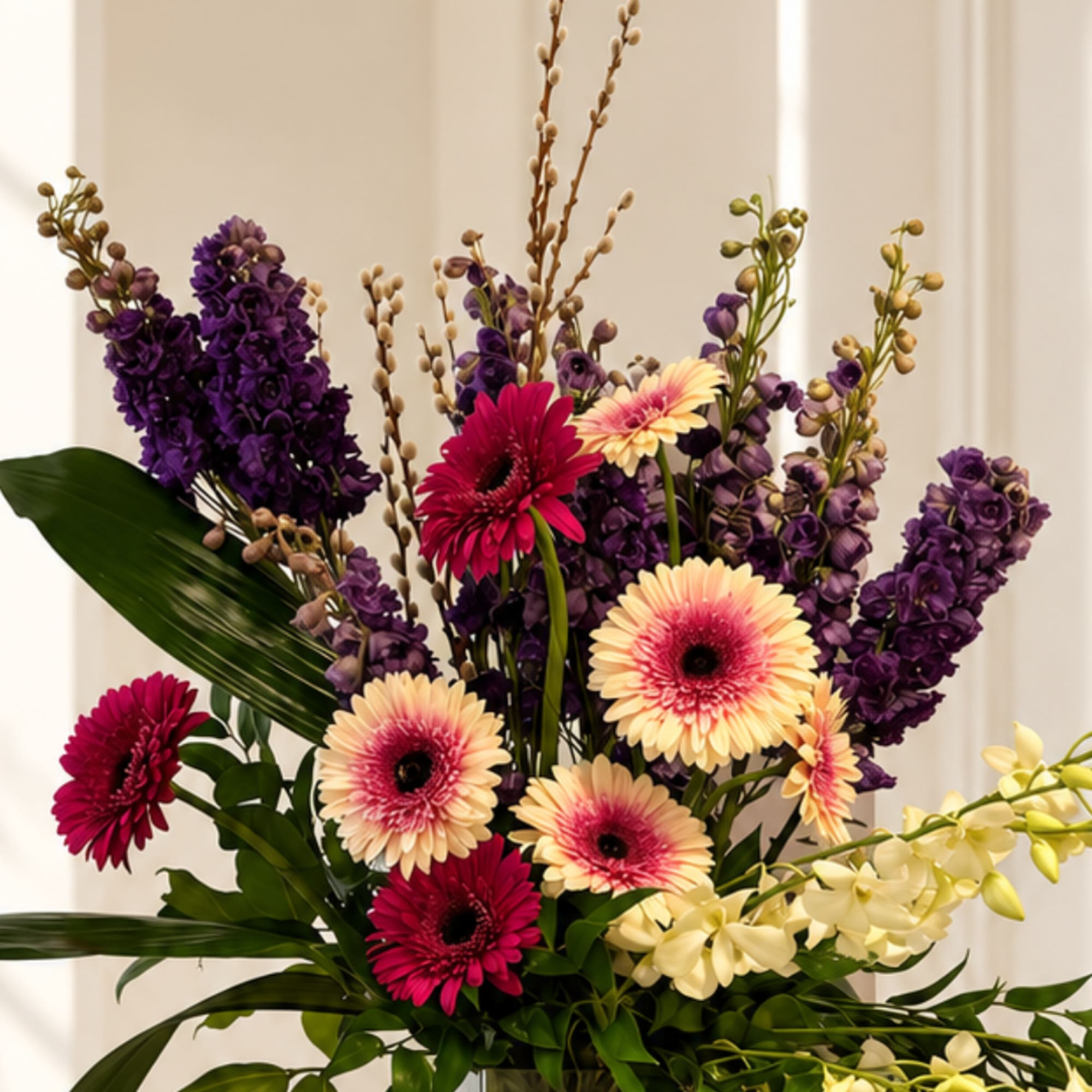 Bouquet of purple and pink flowers with cream blooms in a vase