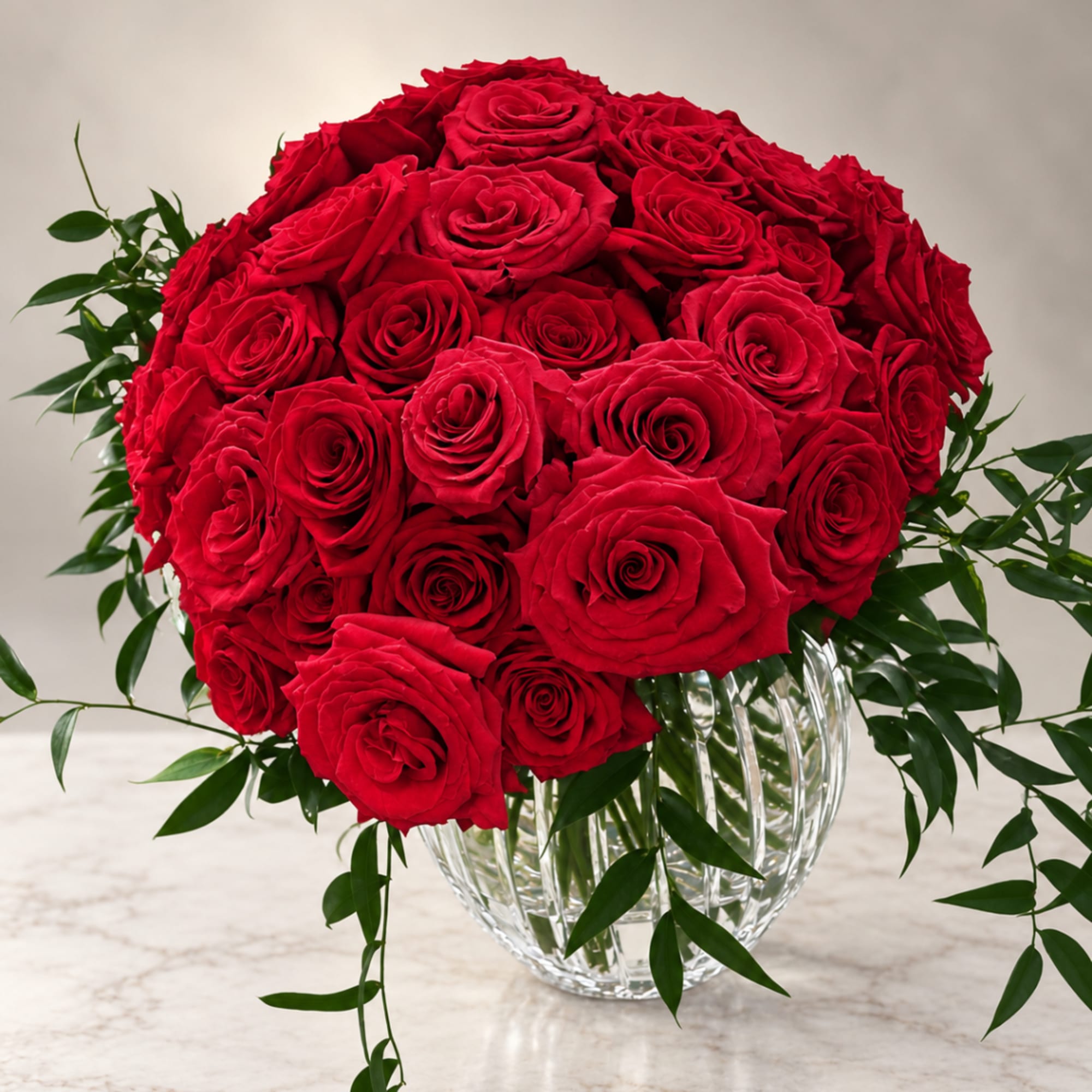 Red rose bouquet in a clear glass vase with trailing greenery