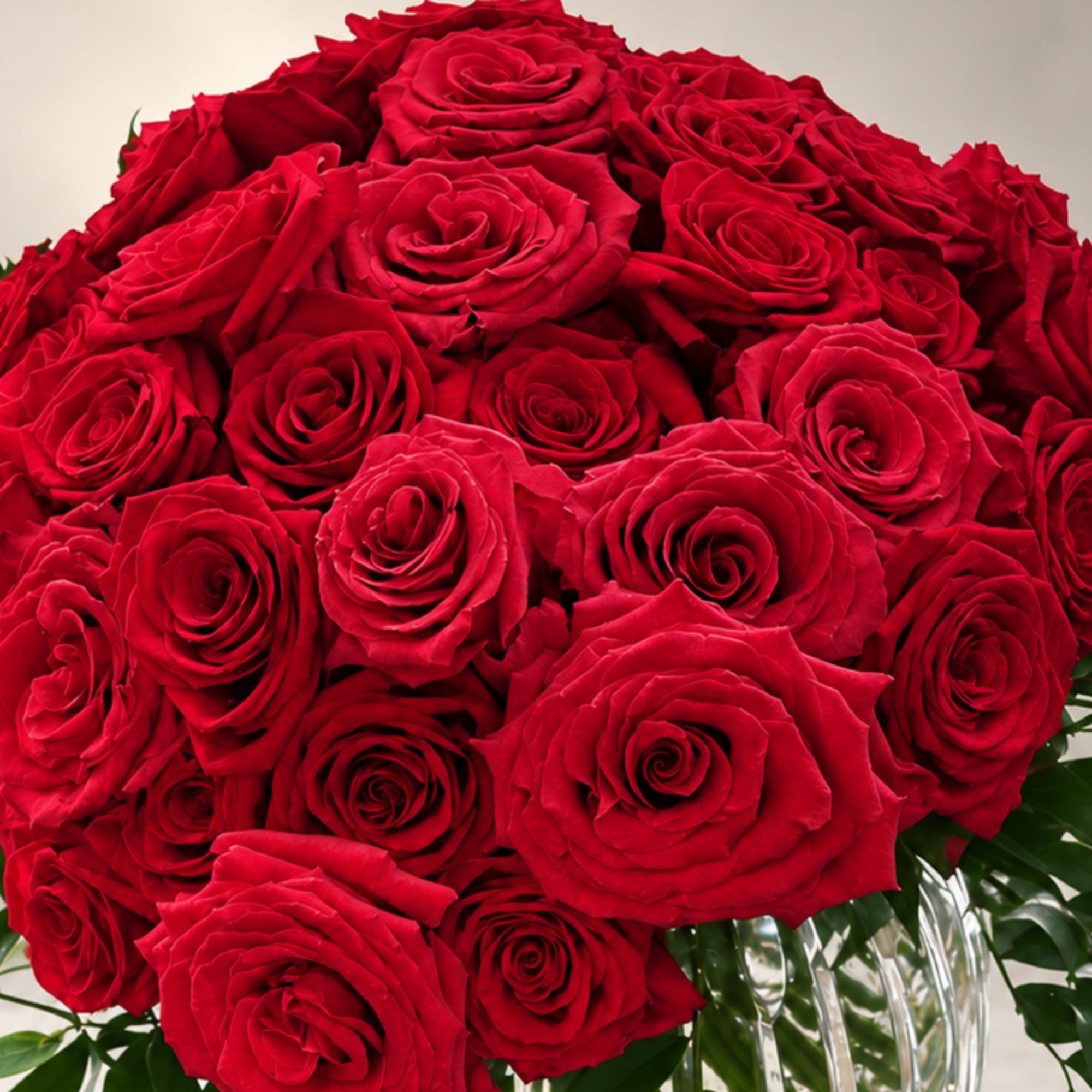 Bouquet of red roses in a clear glass vase