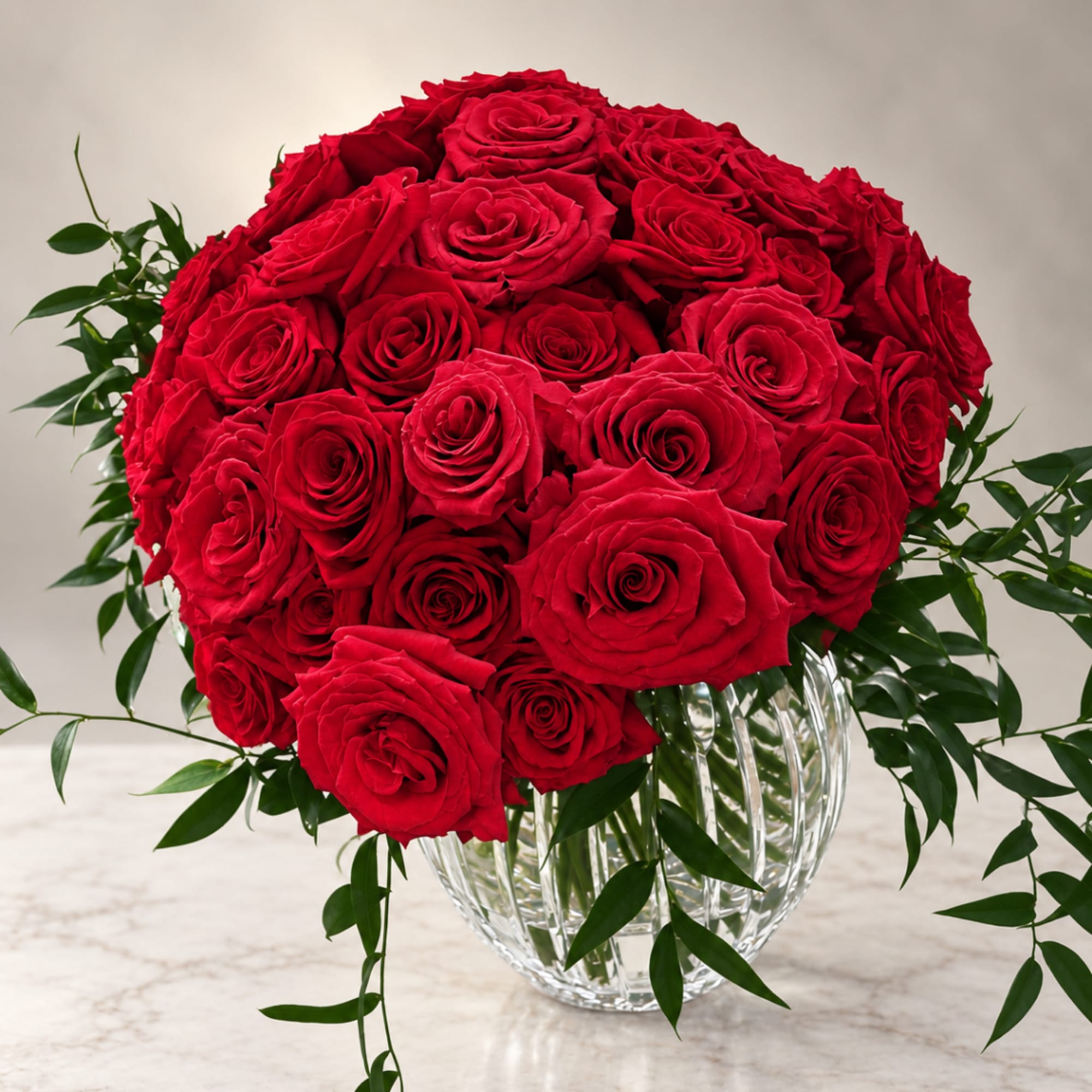 Red roses arranged in a clear glass vase with trailing greenery
