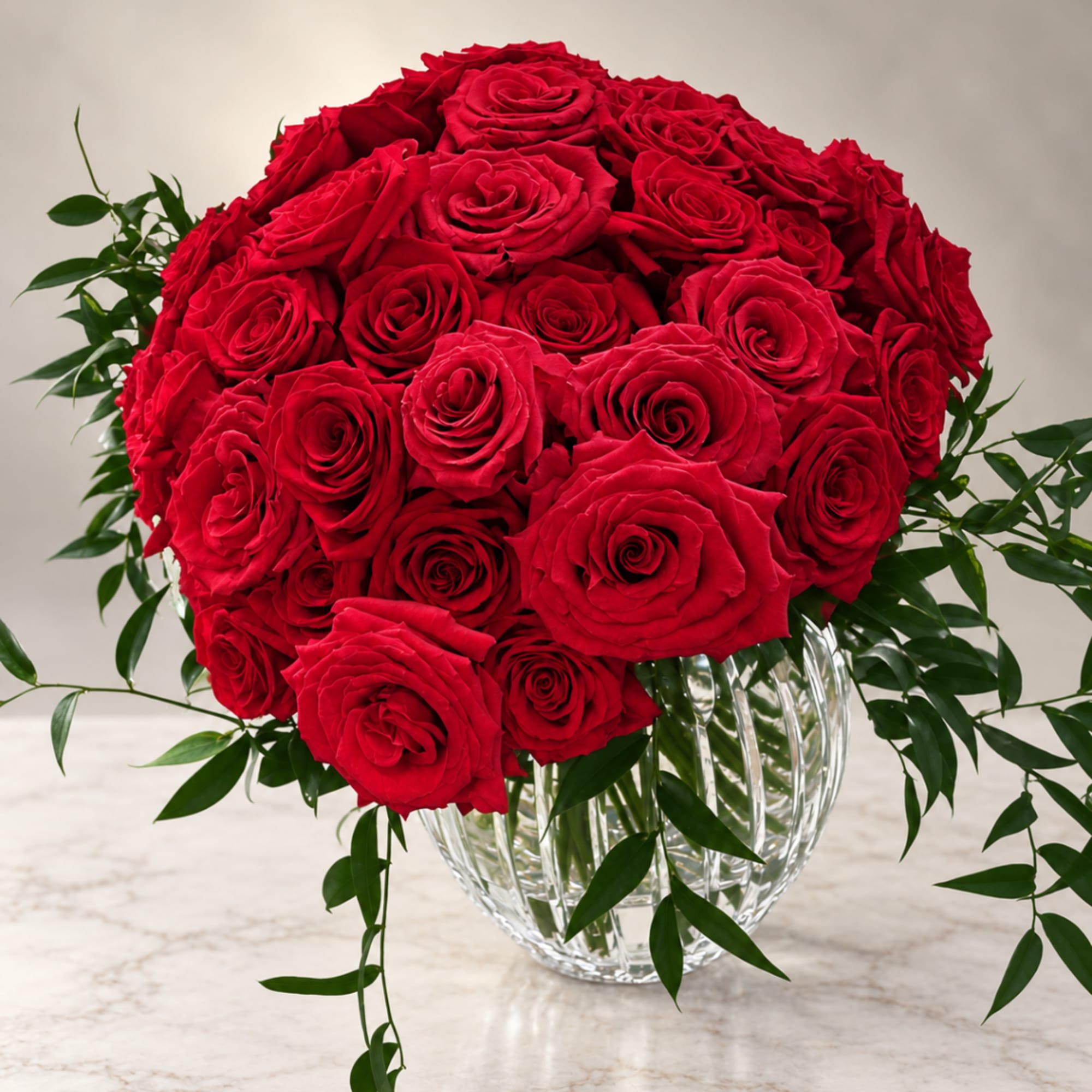 Large bouquet of red roses in a clear glass vase