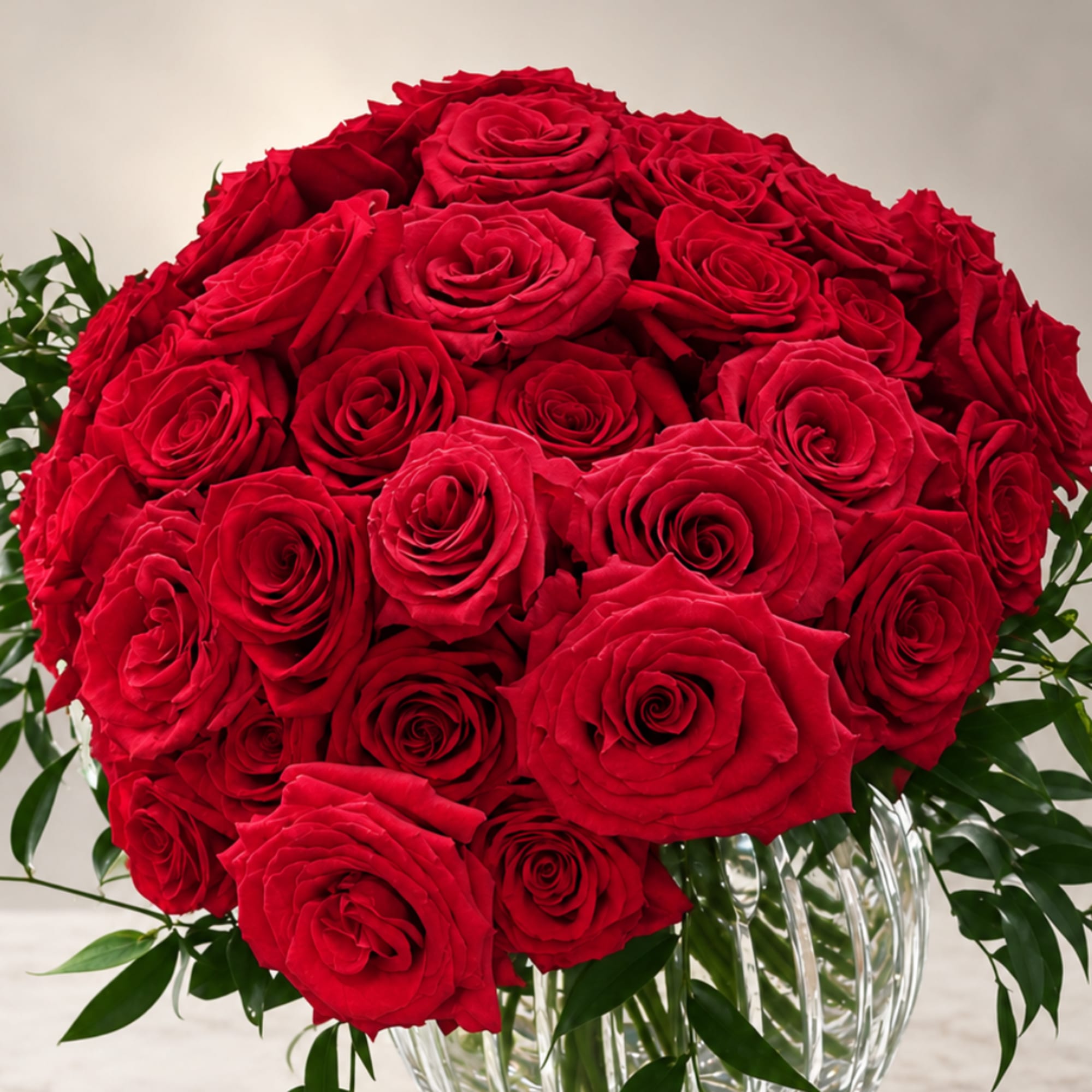 Bouquet of red roses in a clear glass vase
