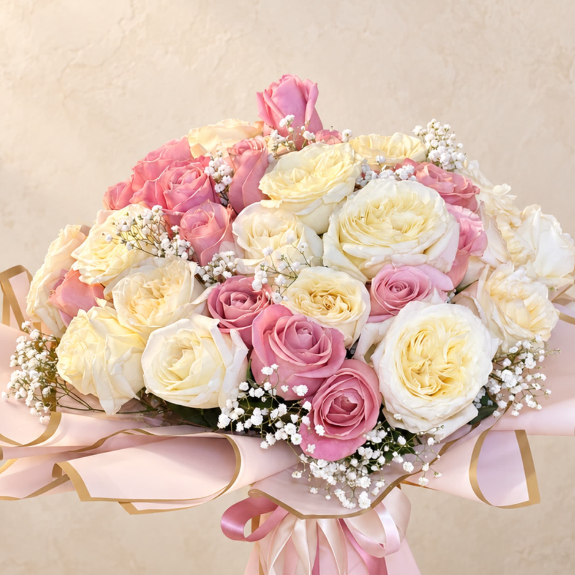 Bouquet of pink and cream roses wrapped in pale pink paper