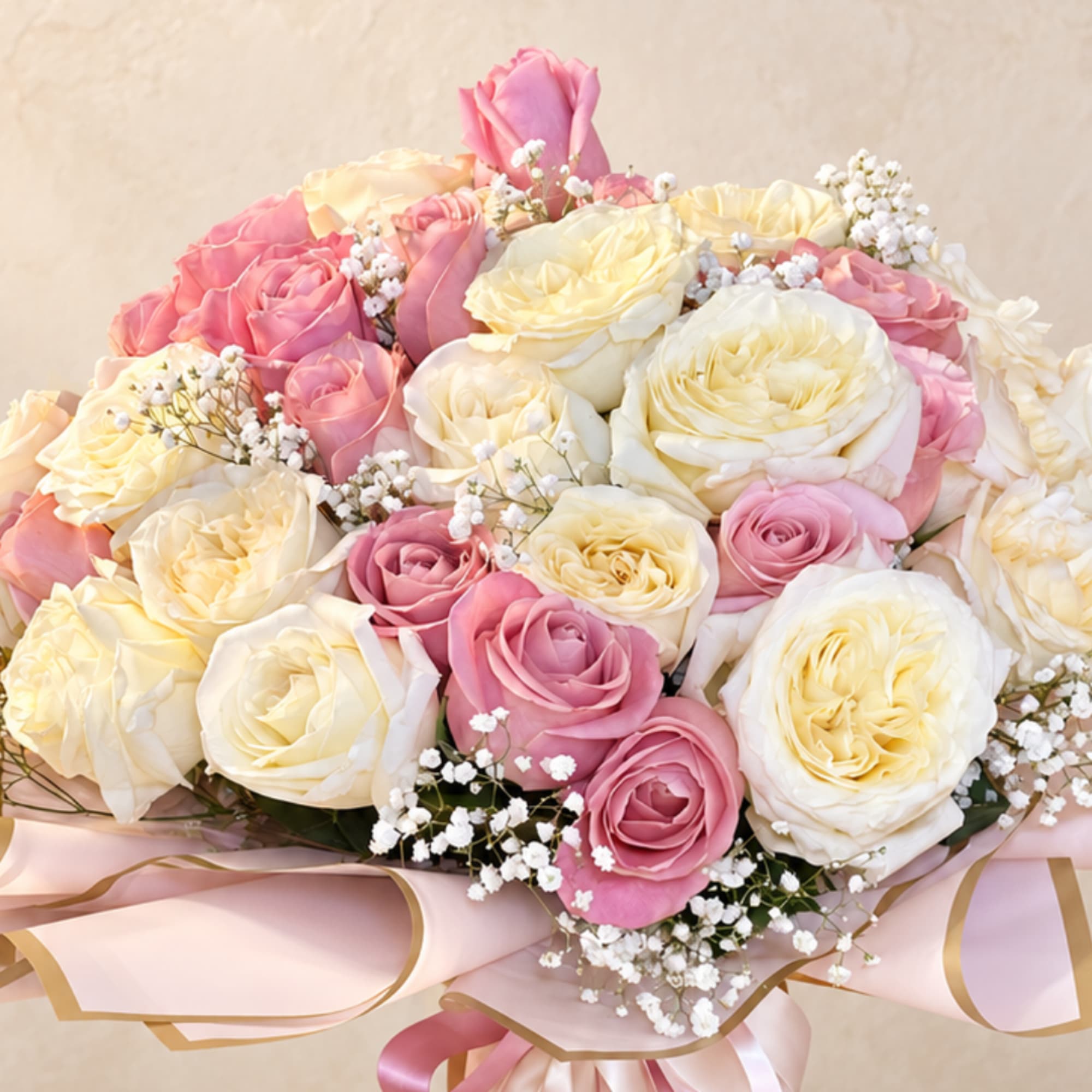 Bouquet of pink and cream roses with baby's breath in pink wrap